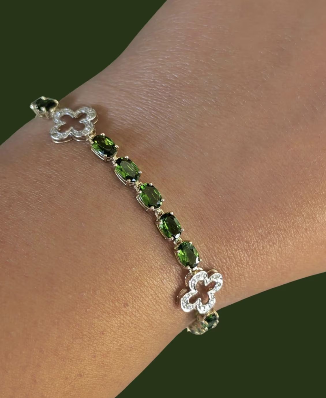 Tsavorite Garnet & Diamond Clover Bracelet Solid 10k Gold, January Birthstone Gift, Green Garnet Jewelry, 55th Anniversary Gift for Women
