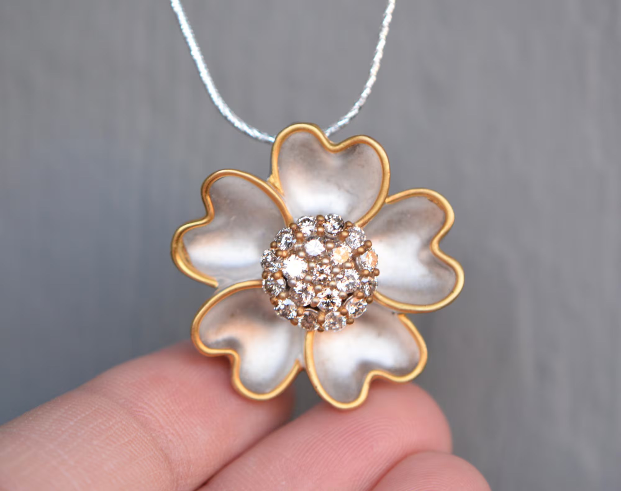 Sterling Silver Floral Pendant Necklace: Natural Diamond April Birthstone