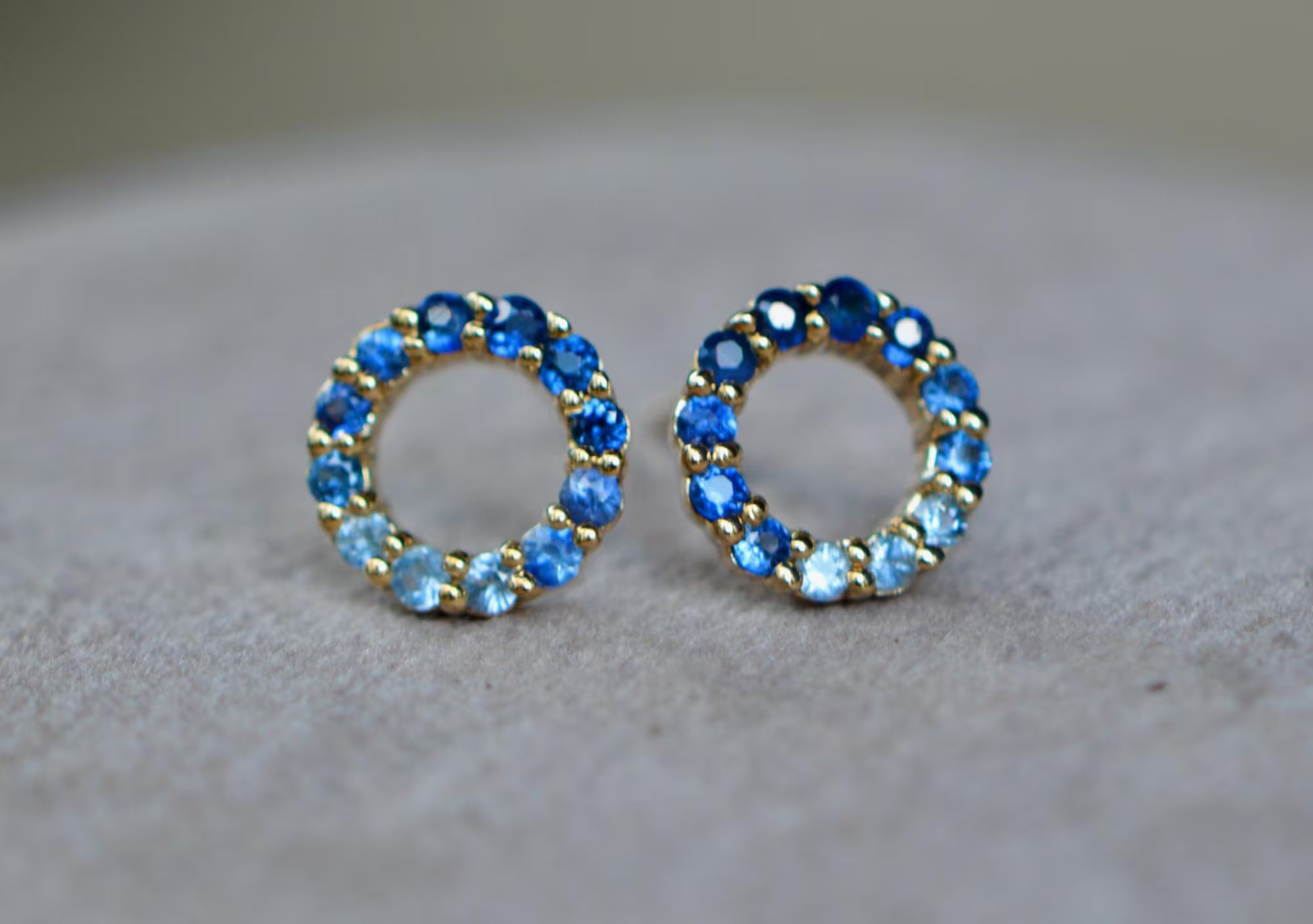 Sapphire Ombre Circle Stud Earrings Solid 10k Gold : September Birthstone Jewelry