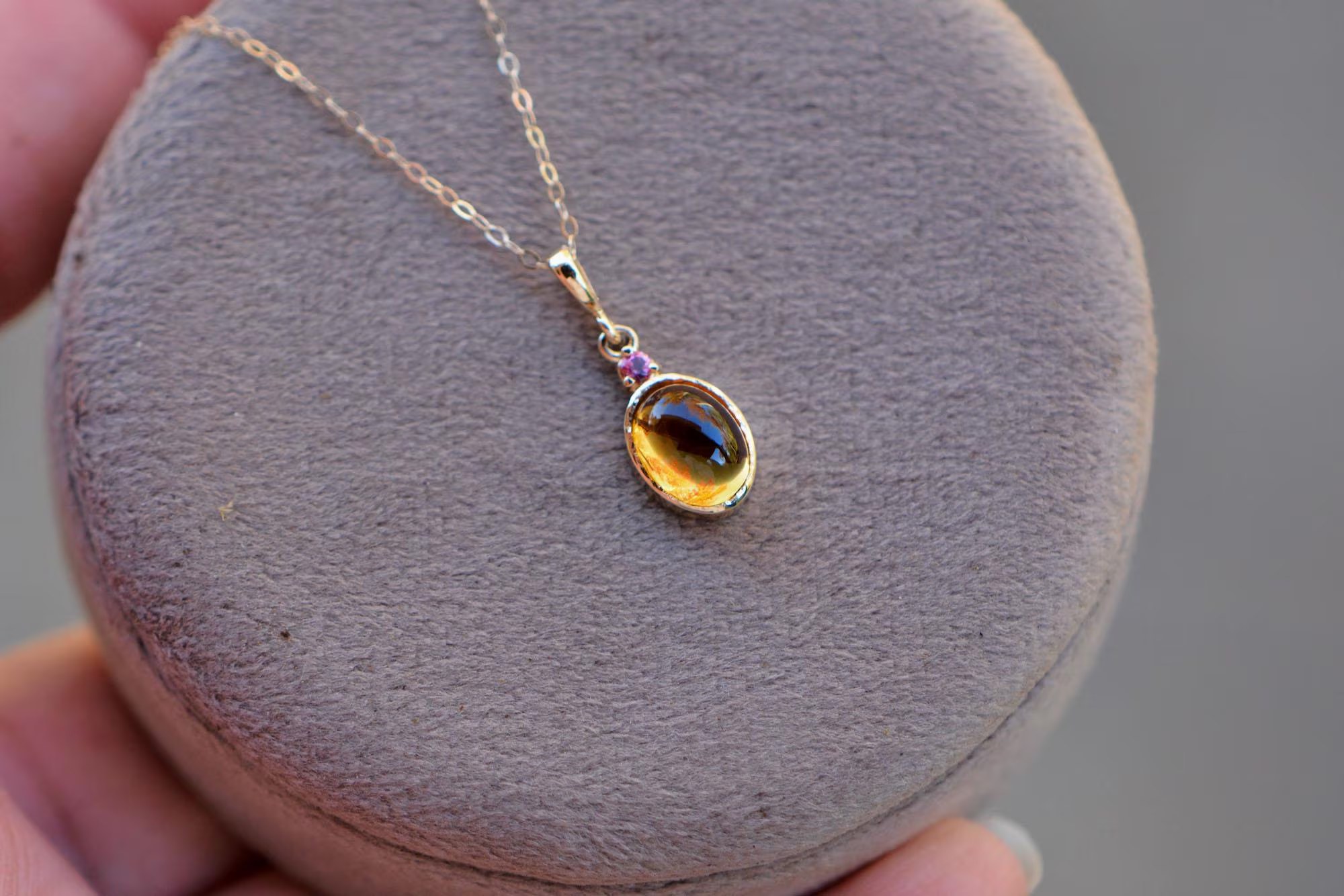 Citrine & Pink Tourmaline Solid 14k Gold Pendant Necklace : November Birthstone Jewelry