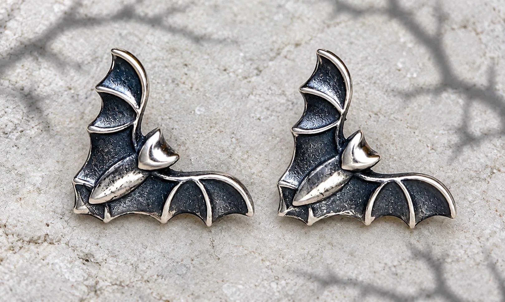 Bat Earrings Sterling Silver Oxidized, Halloween Jewelry
