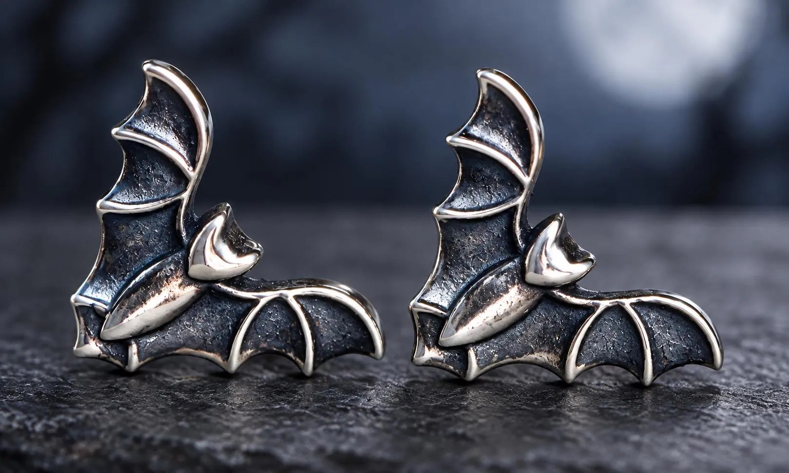 Bat Earrings Sterling Silver Oxidized, Halloween Jewelry, detail view
