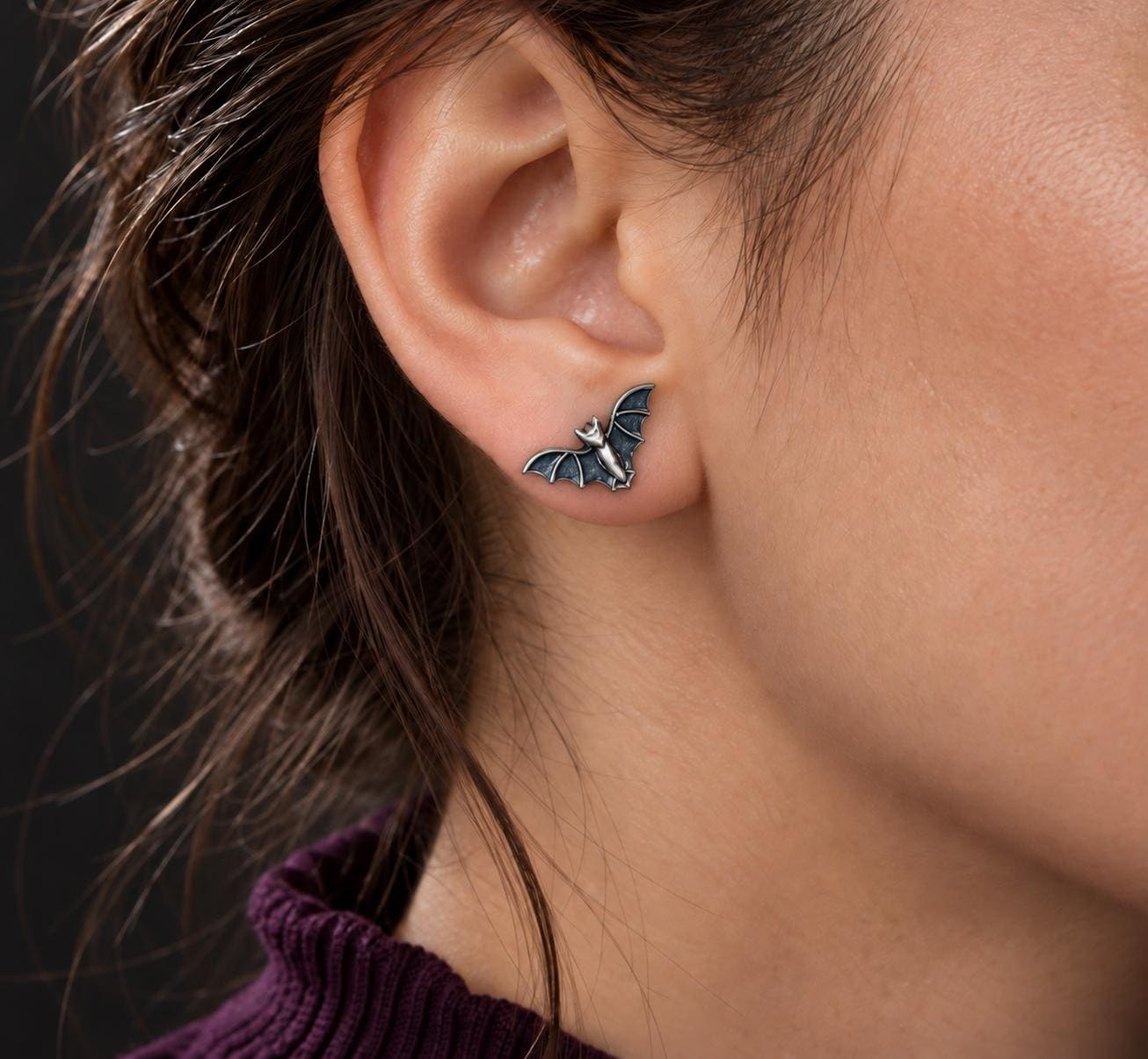 Bat Earrings Sterling Silver Oxidized, Halloween Jewelry, worn view