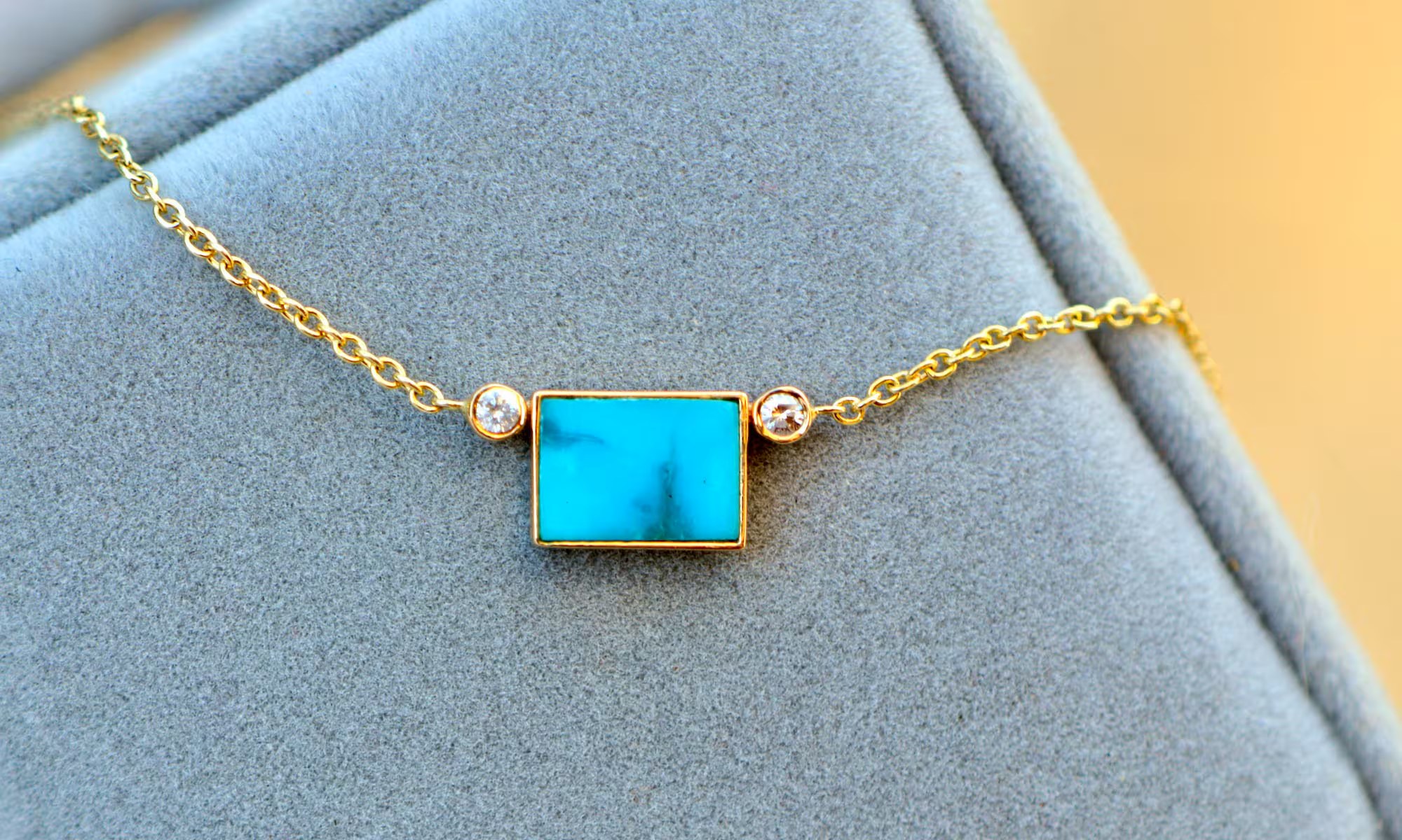 Turquoise & Diamond Rectangular 14k Gold Pendant Necklace: December Birthstone Jewelry