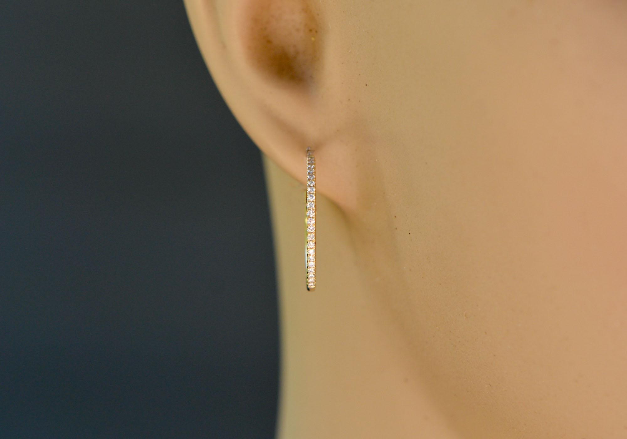 14k Gold Diamond Hoop Earrings: Skinny April Birthstone Hoops