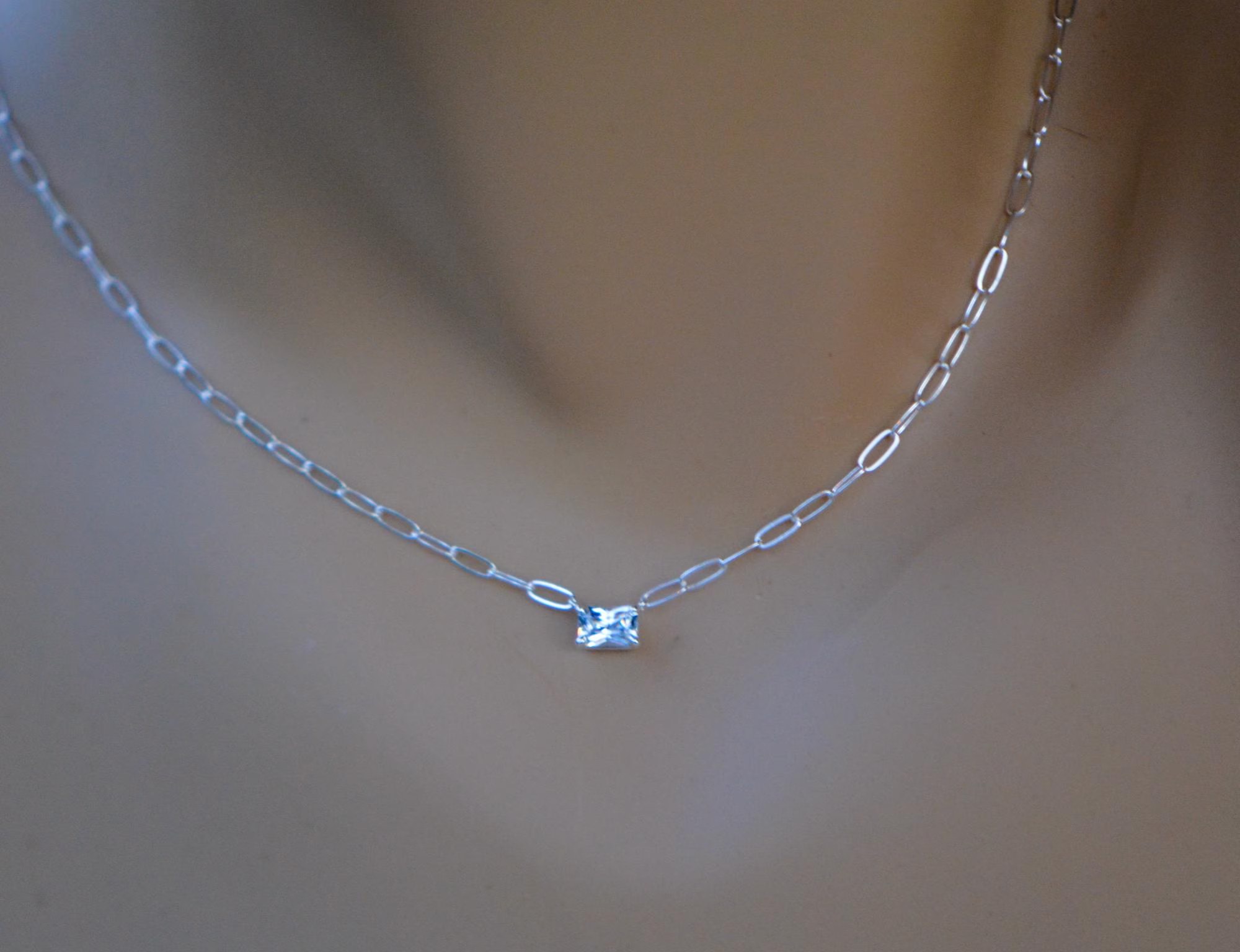 White Sapphire Paper Clip Link Chain Necklace in Sterling Silver or Gold : September Birthstone