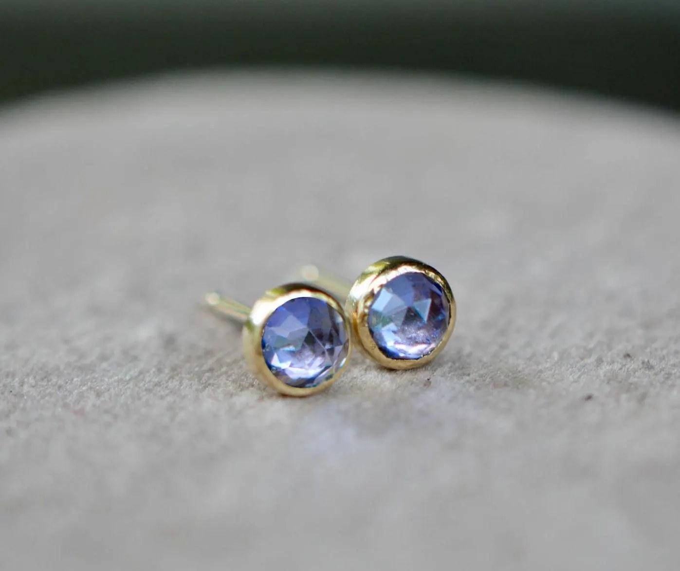 Tanzanite Rosecut Minimalist Bezel Stud Earrings 14kt Gold : December Birthstone Jewelry