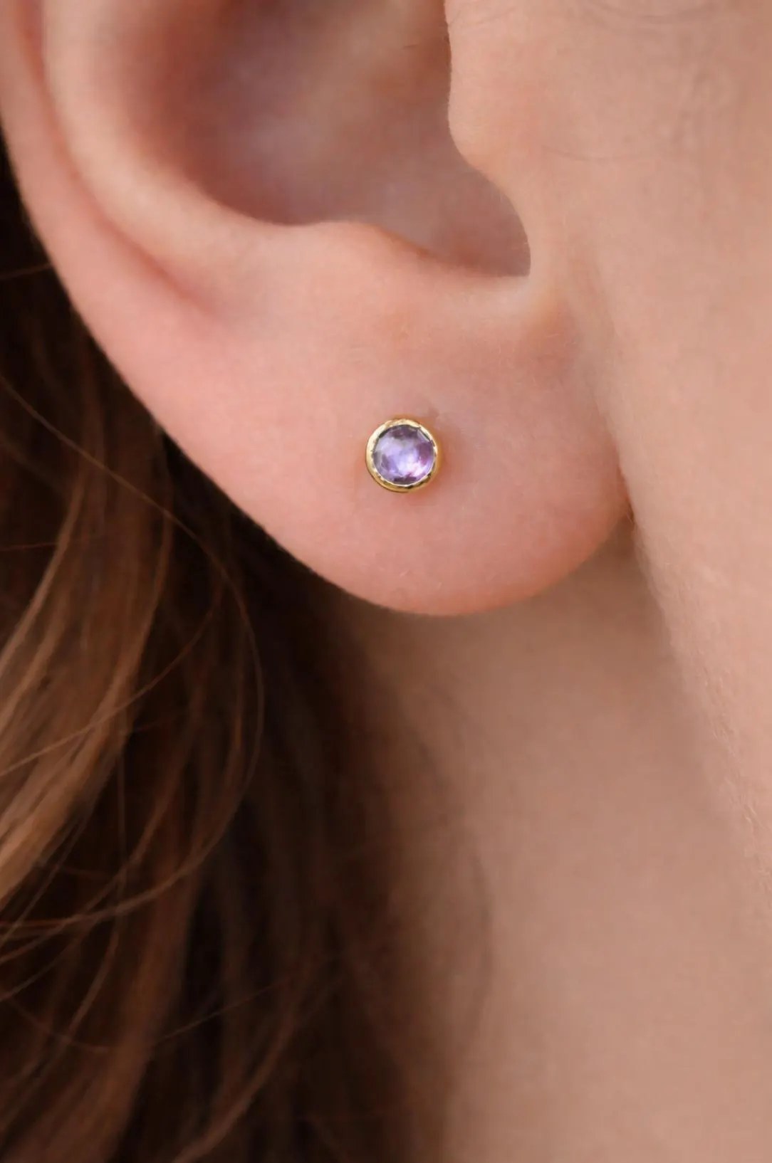 Tanzanite Rosecut Minimalist Bezel Stud Earrings 14kt Gold : December Birthstone Jewelry, worn view