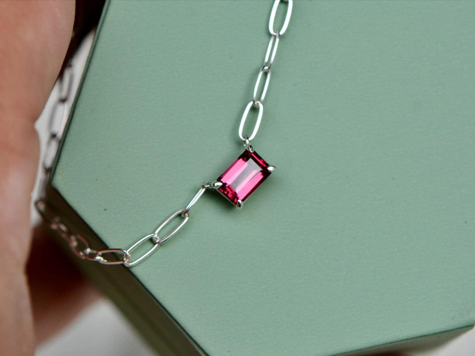 Garnet Mozambique Rectangular Solitaire Necklace Sterling Silver with Paperclip Chain : January Birthstone