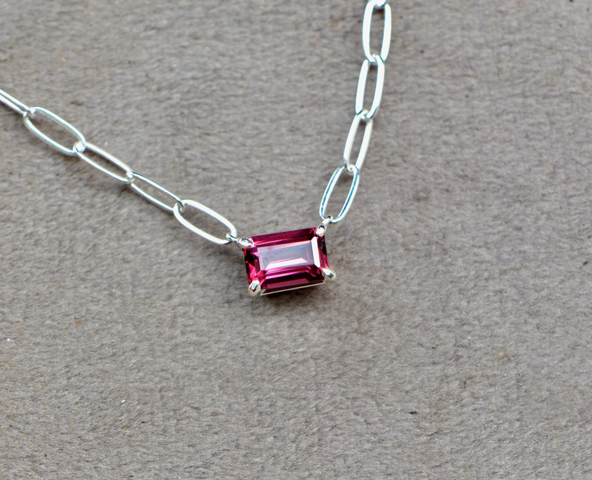 Garnet Mozambique Rectangular Solitaire Necklace Sterling Silver with Paperclip Chain : January Birthstone, detail view
