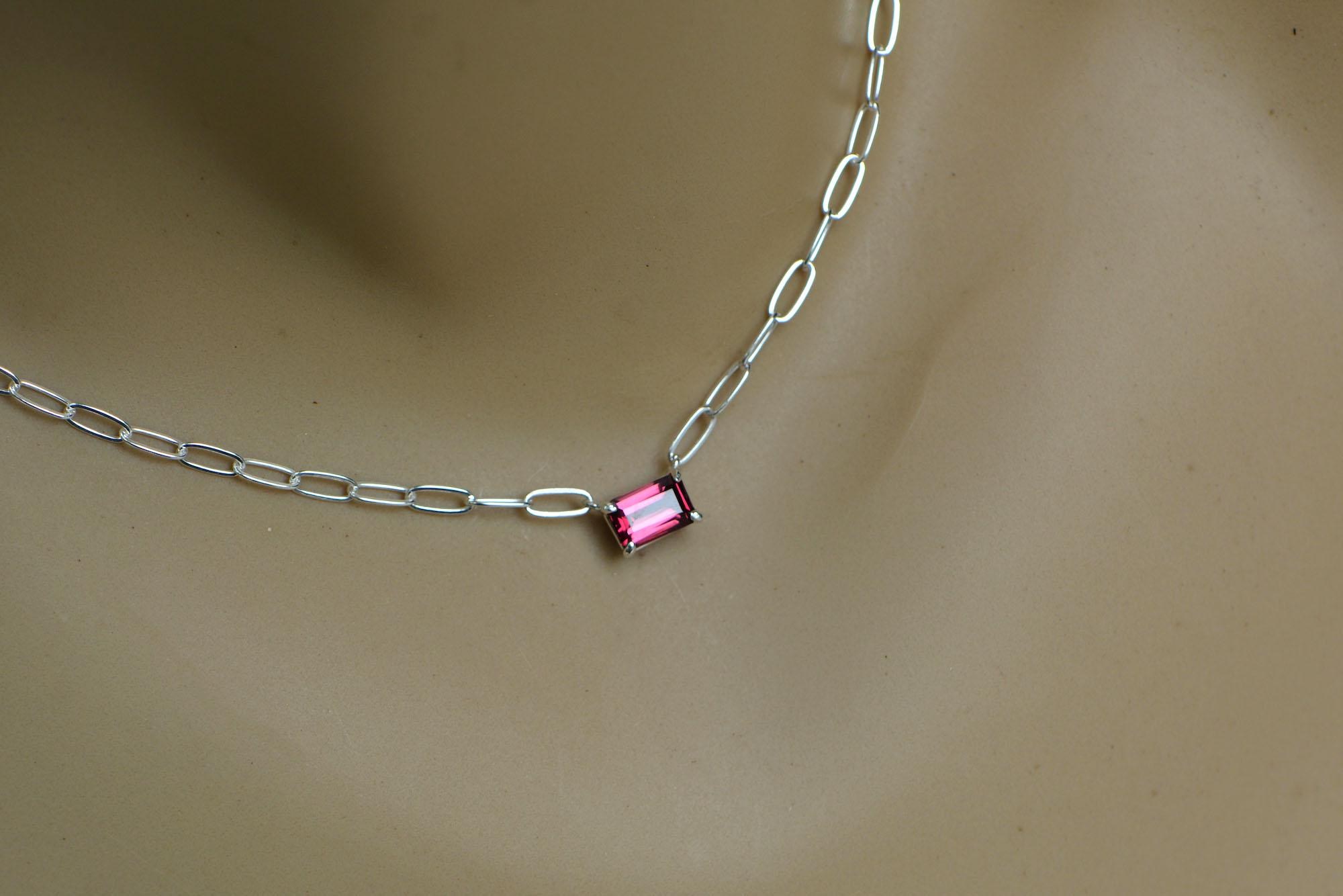 Garnet Mozambique Rectangular Solitaire Necklace Sterling Silver with Paperclip Chain : January Birthstone, detail view