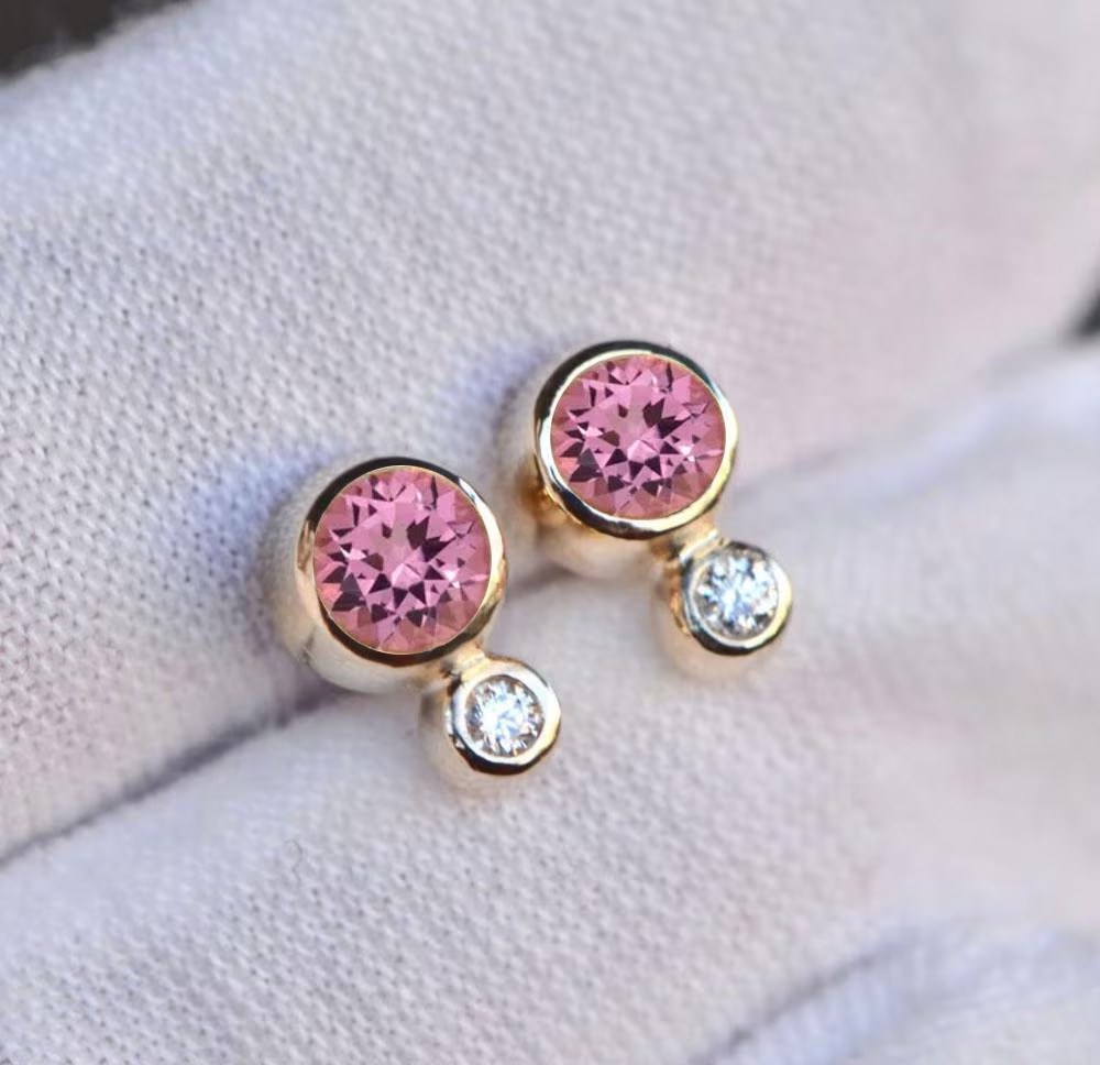 Natural Pink Tourmaline & Diamond Solid 14k Gold Earrings : October Birthstone Studs