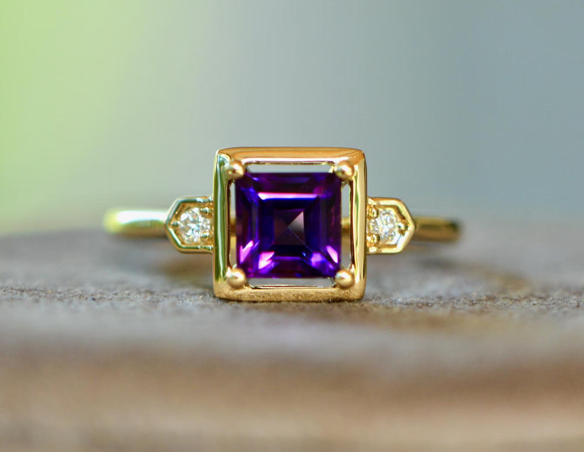 Amethyst Diamond Ring Solid 14k Gold Ring, February April Birthstone Ring, Engagement Ring, Girlfriend Gift, Purple Gemstone Stackable Ring