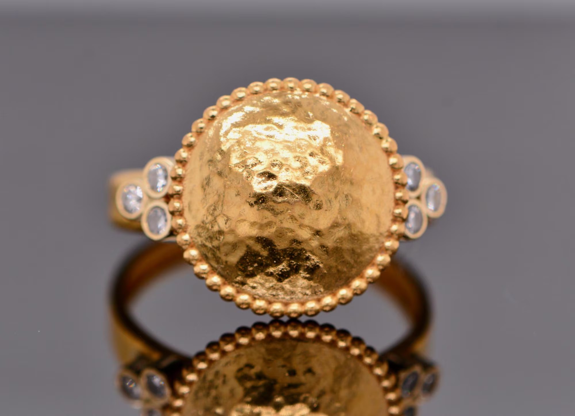 Hammered 22k Gold Statement Ring with Diamonds, Cocktail Ring, Anniversary Gift for Women, Vintage Gold Rings, One of a Kind Ring for Her
