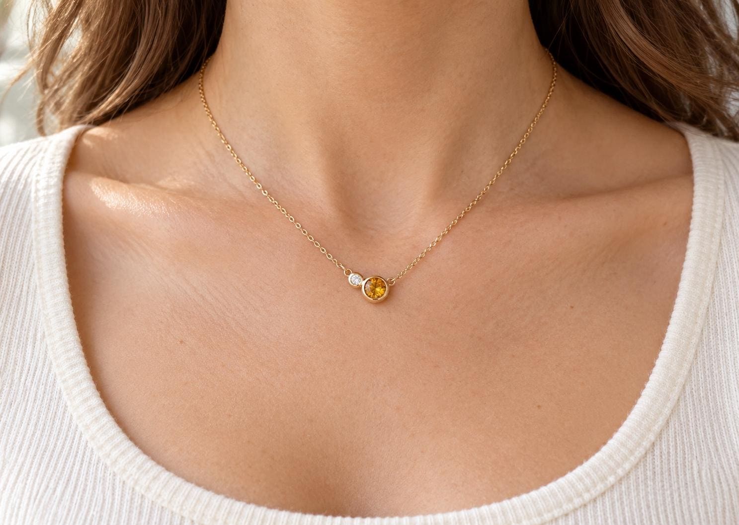 Citrine & Diamond 14k Gold Layering Necklace, November Birthstone, worn view