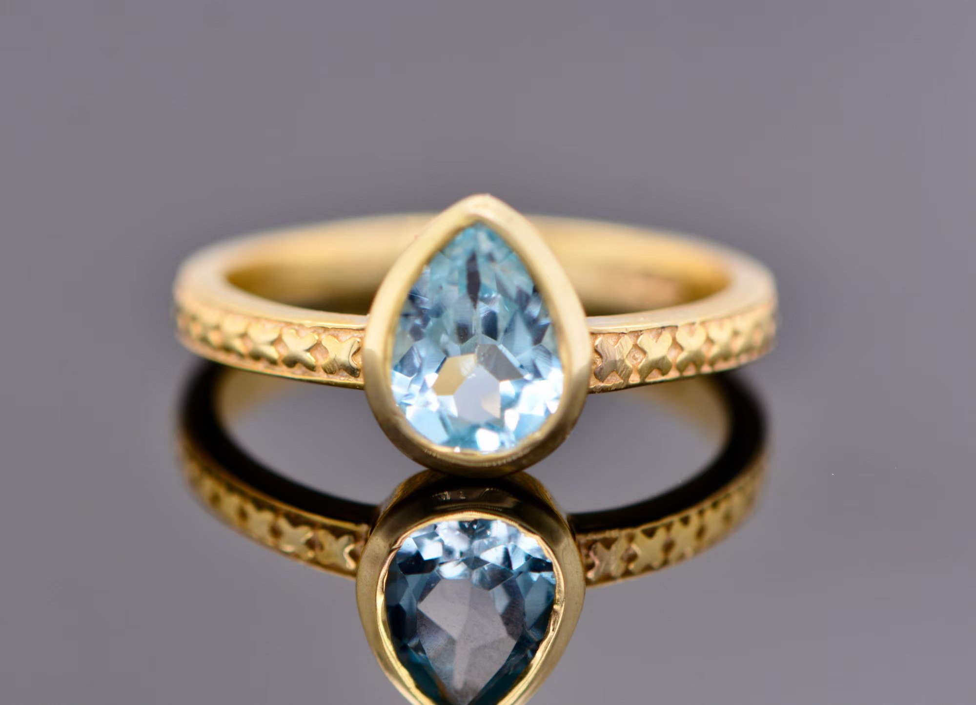 Aquamarine Teardrop Solitaire Bezel Ring Gold Vermeil : March Birthstone Ring
