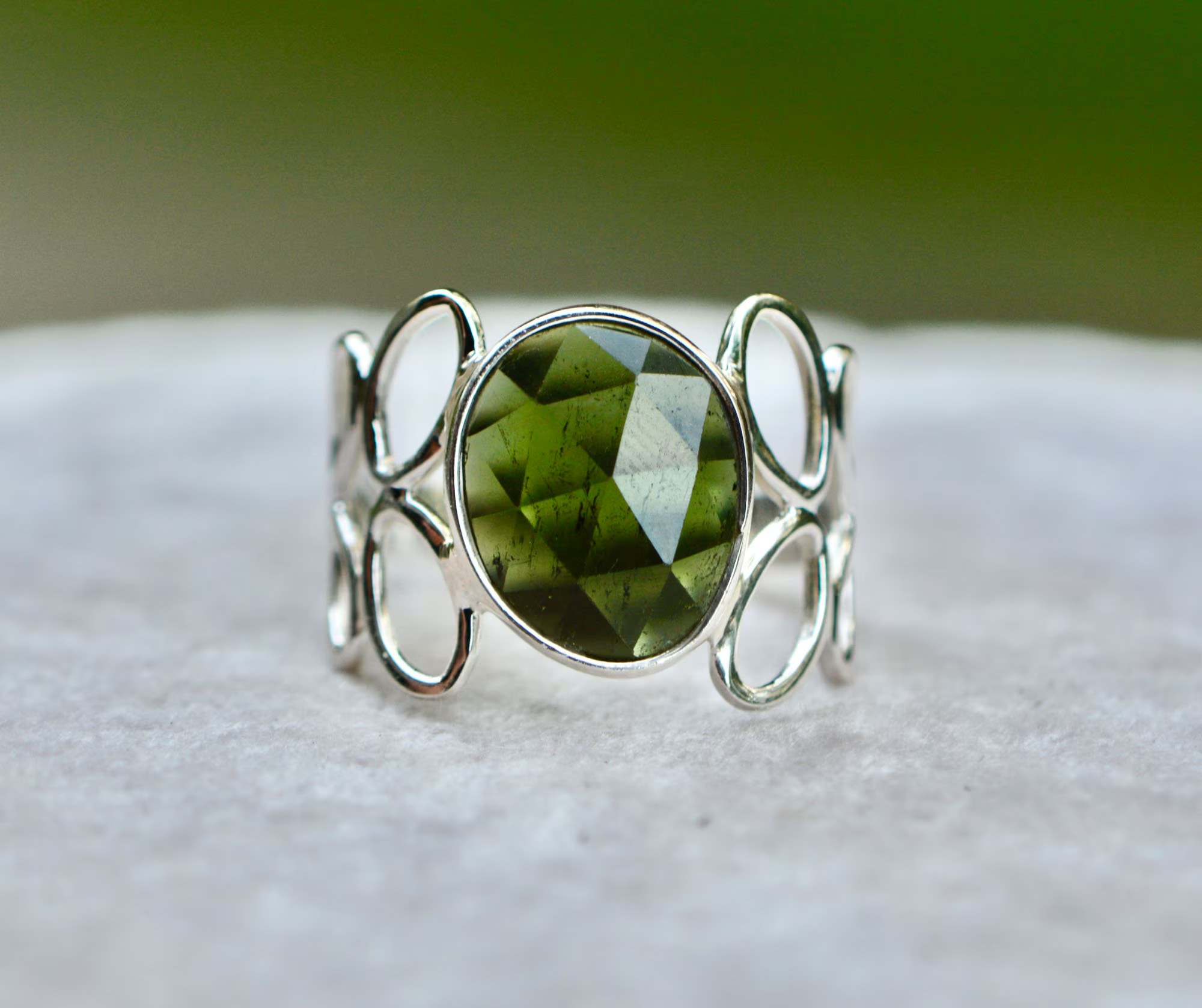 Green Tourmaline Wide Band Ring Sterling Silver Size 7.5 : October Birthstone Cocktail Ring