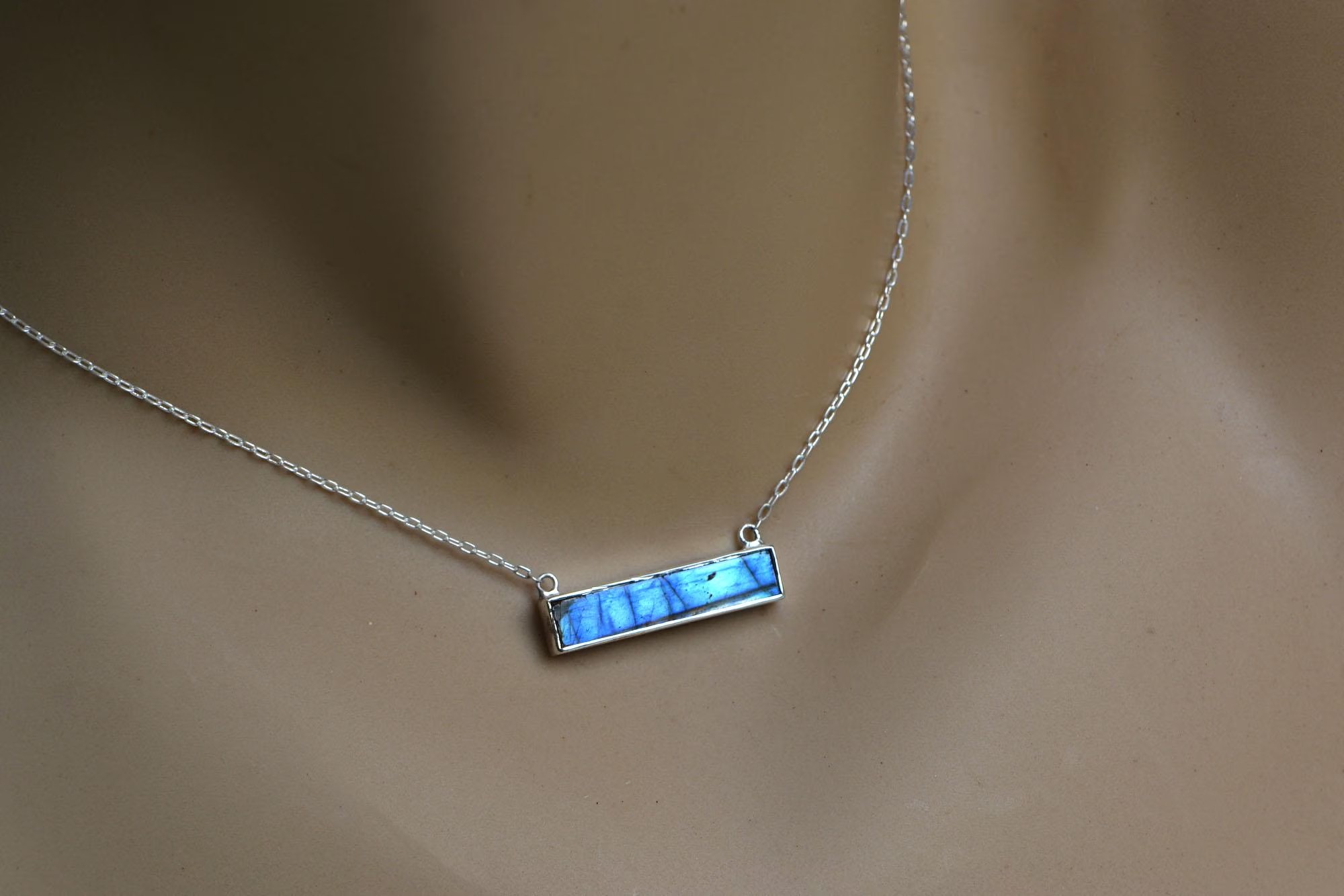 Labradorite Bar Necklace Sterling Silver, Blue Gemstone Layering Necklace, Necklaces for Women, Gift for Women, Everyday Necklace