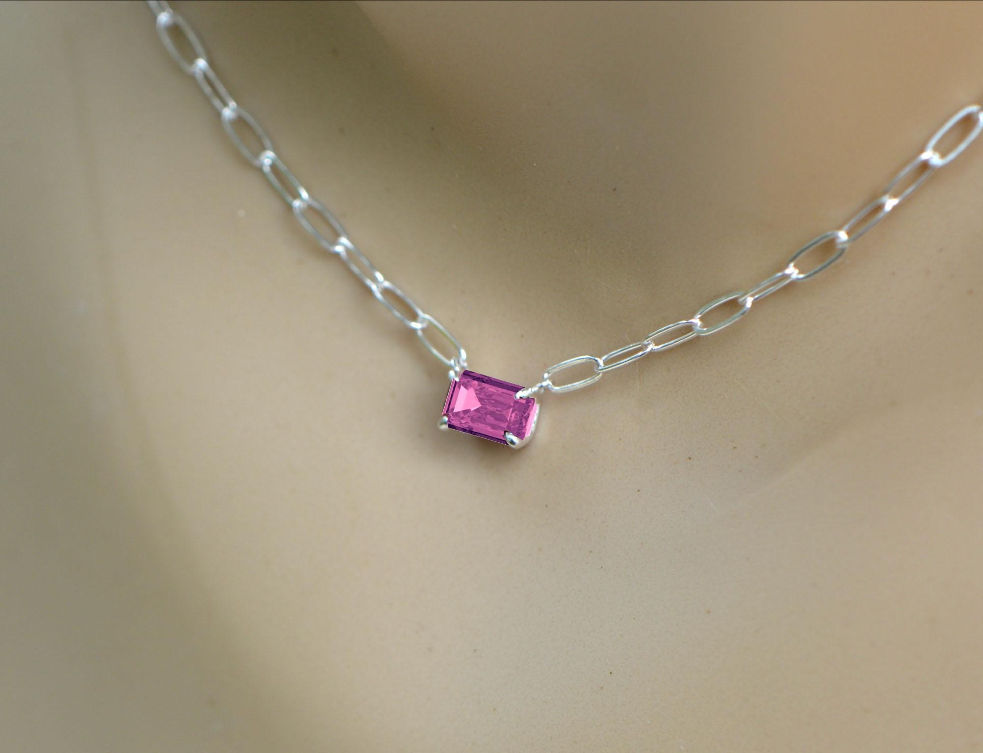 Natural Pink Tourmaline Solitaire Necklace Sterling Silver with Paperclip Chain : October Birthstone