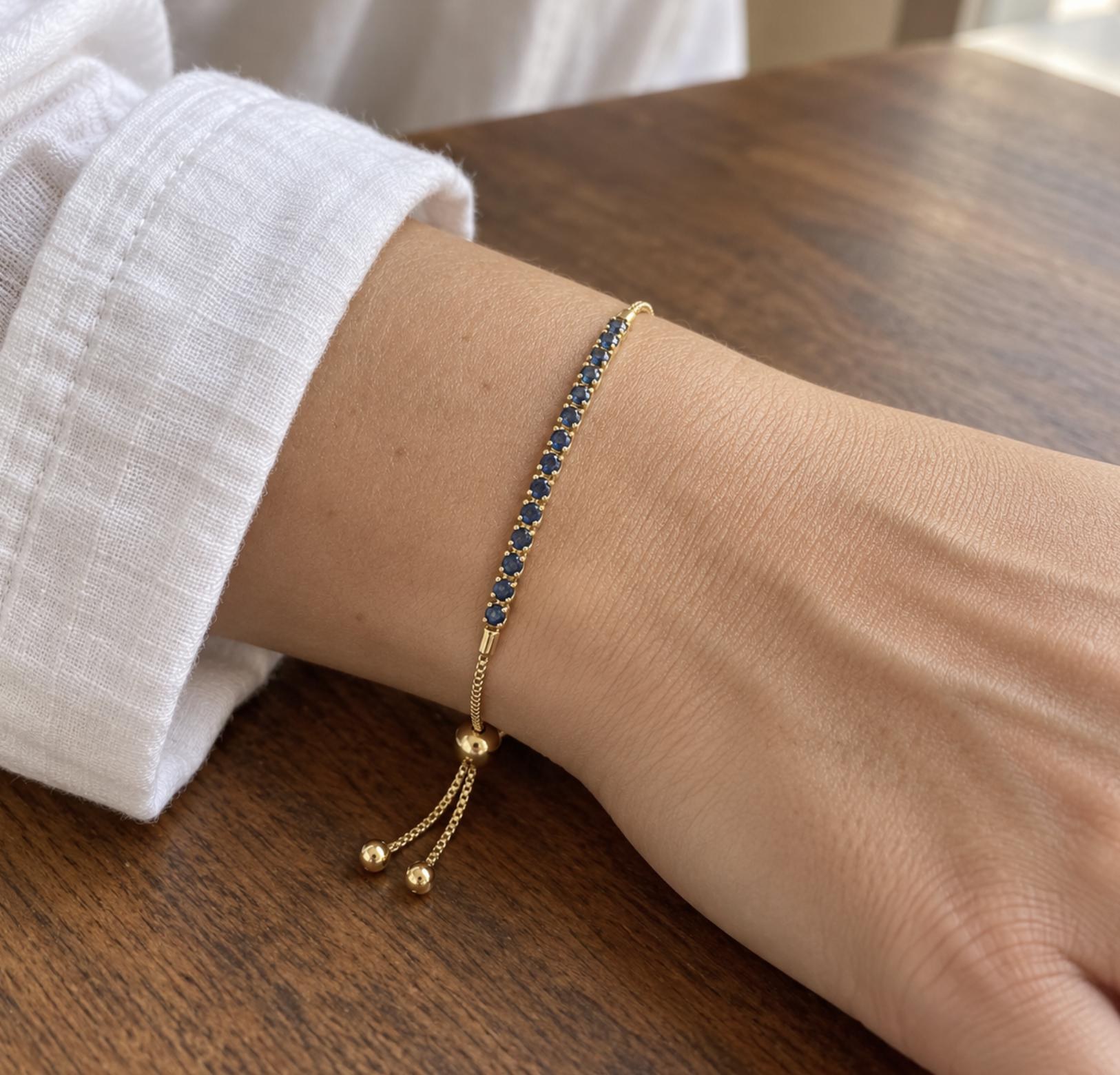 Sapphire Adjustable Bolo Bracelet Solid 14k Gold : September Birthstone Jewelry, worn view