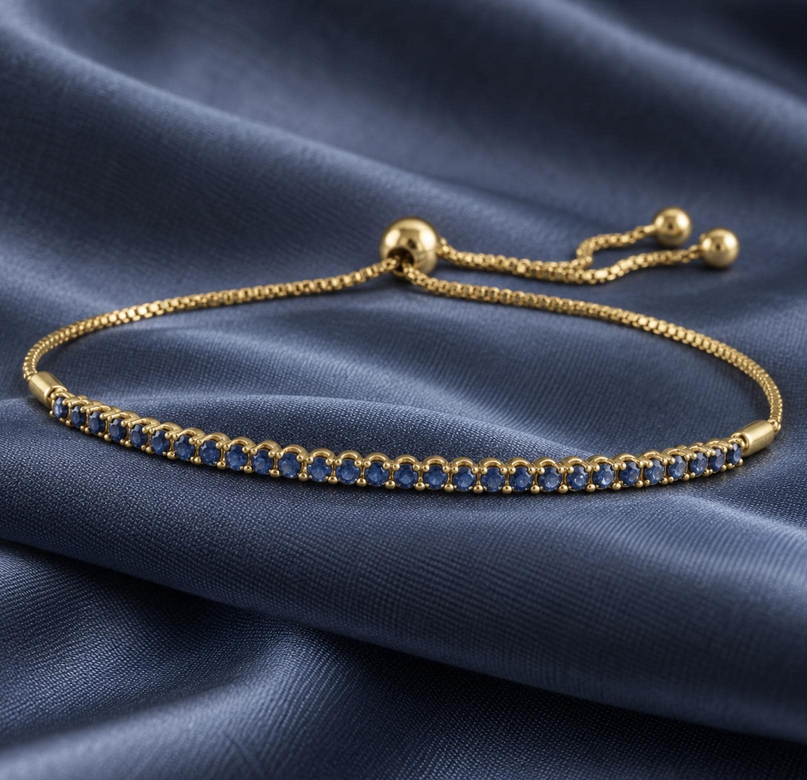 Sapphire Adjustable Bolo Bracelet Solid 14k Gold : September Birthstone Jewelry, detail view