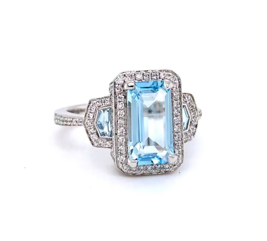 Aquamarine Diamond Halo Ring 14kt White Gold Art Deco Inspired : 19th Anniversary Gift for Women