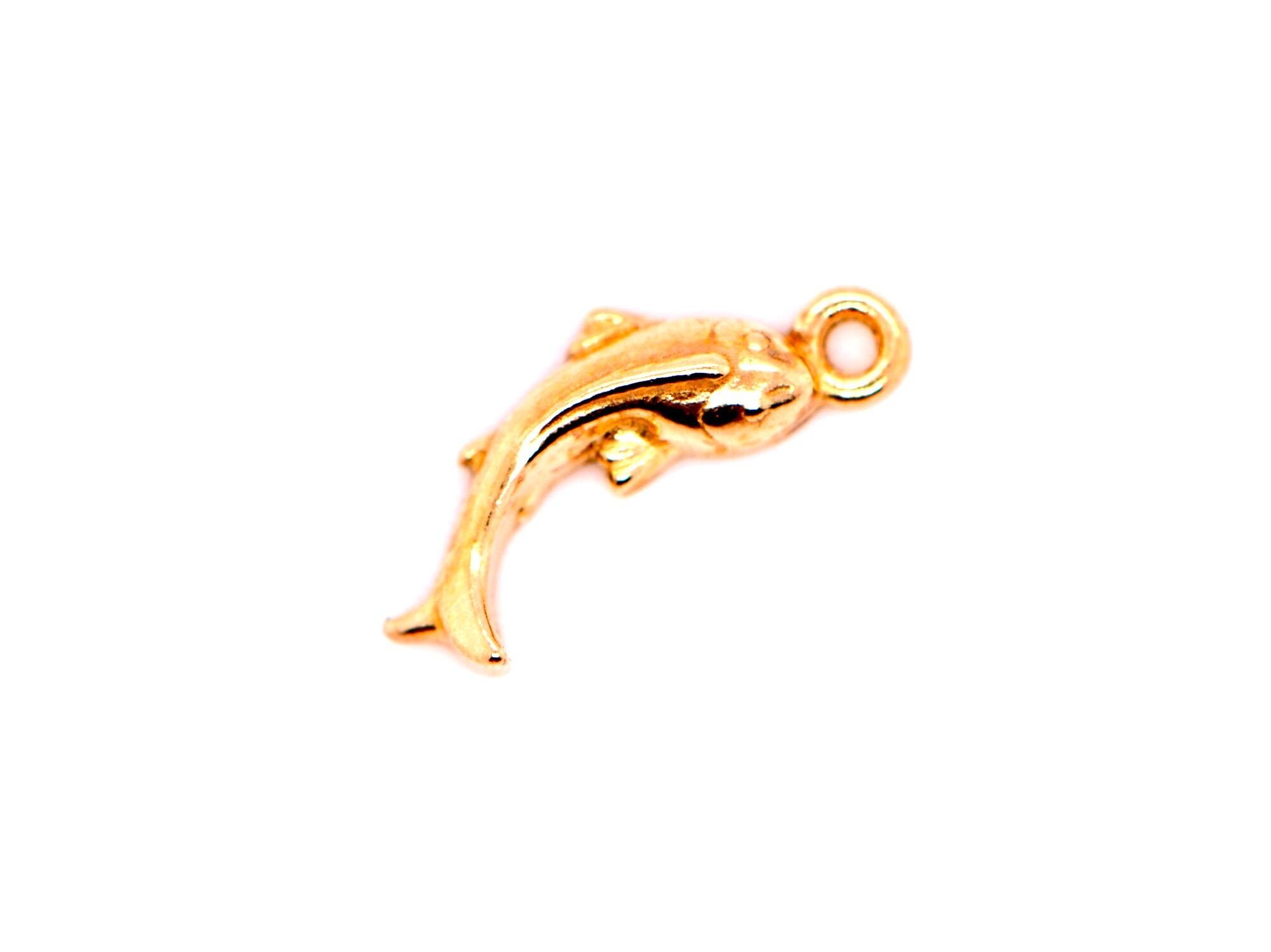 14k Solid Gold Koi Fish Charm, Japanese Ocean Necklace, detail view