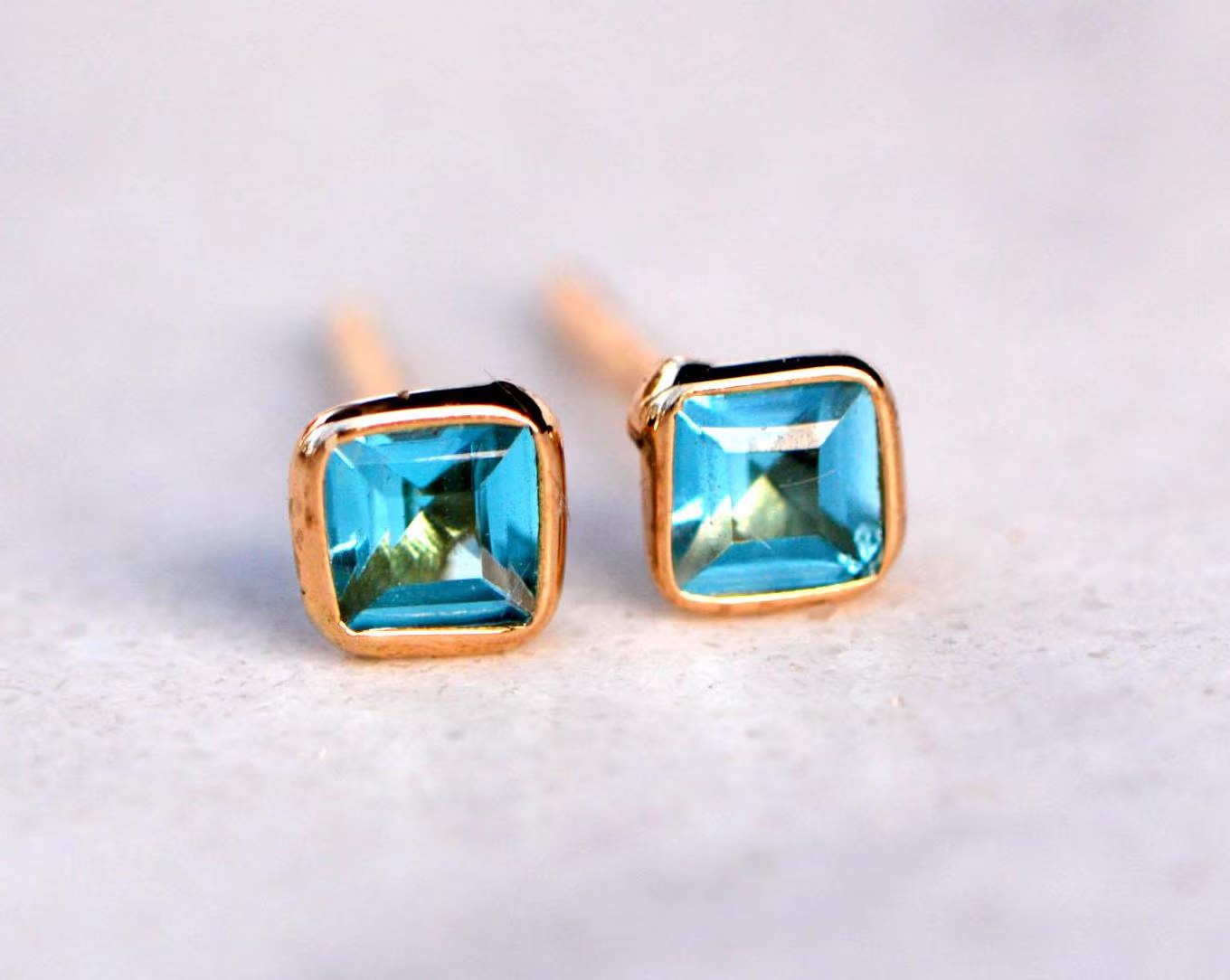 Blue Topaz Minimalist Square Studs Solid 18k Gold : December Birthstone Post Earring