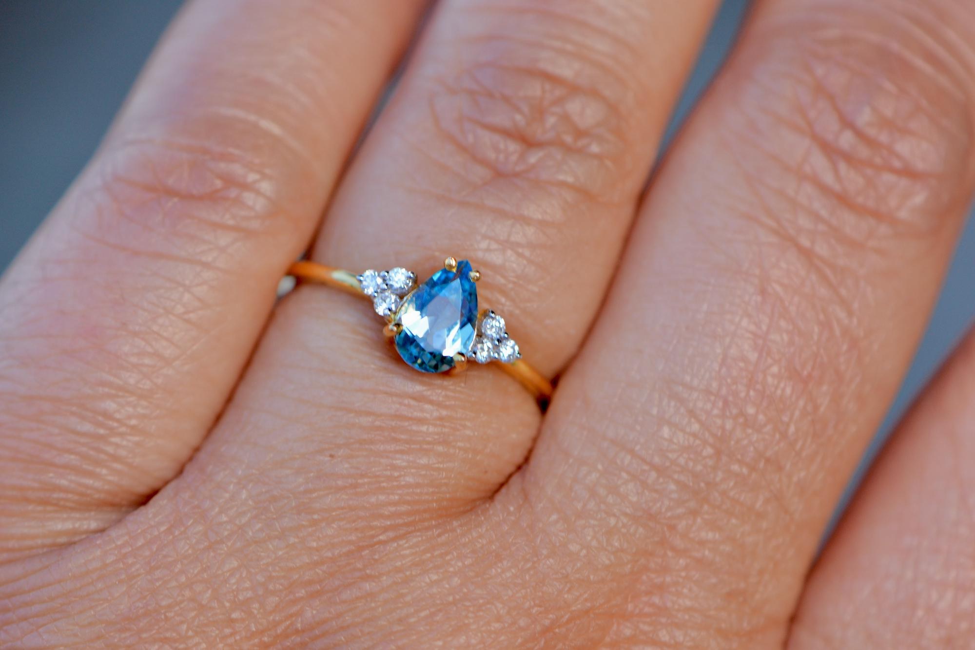 Blue Topaz Teardrop & Diamond Ring 14k Gold : December Birthstone Jewelry