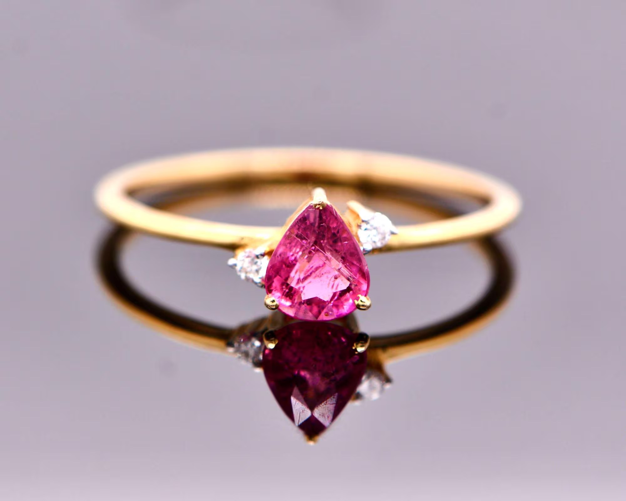 Pink Tourmaline Teardrop with Diamonds 14k Gold Ring Size 6.25 : October Birthstone Ring