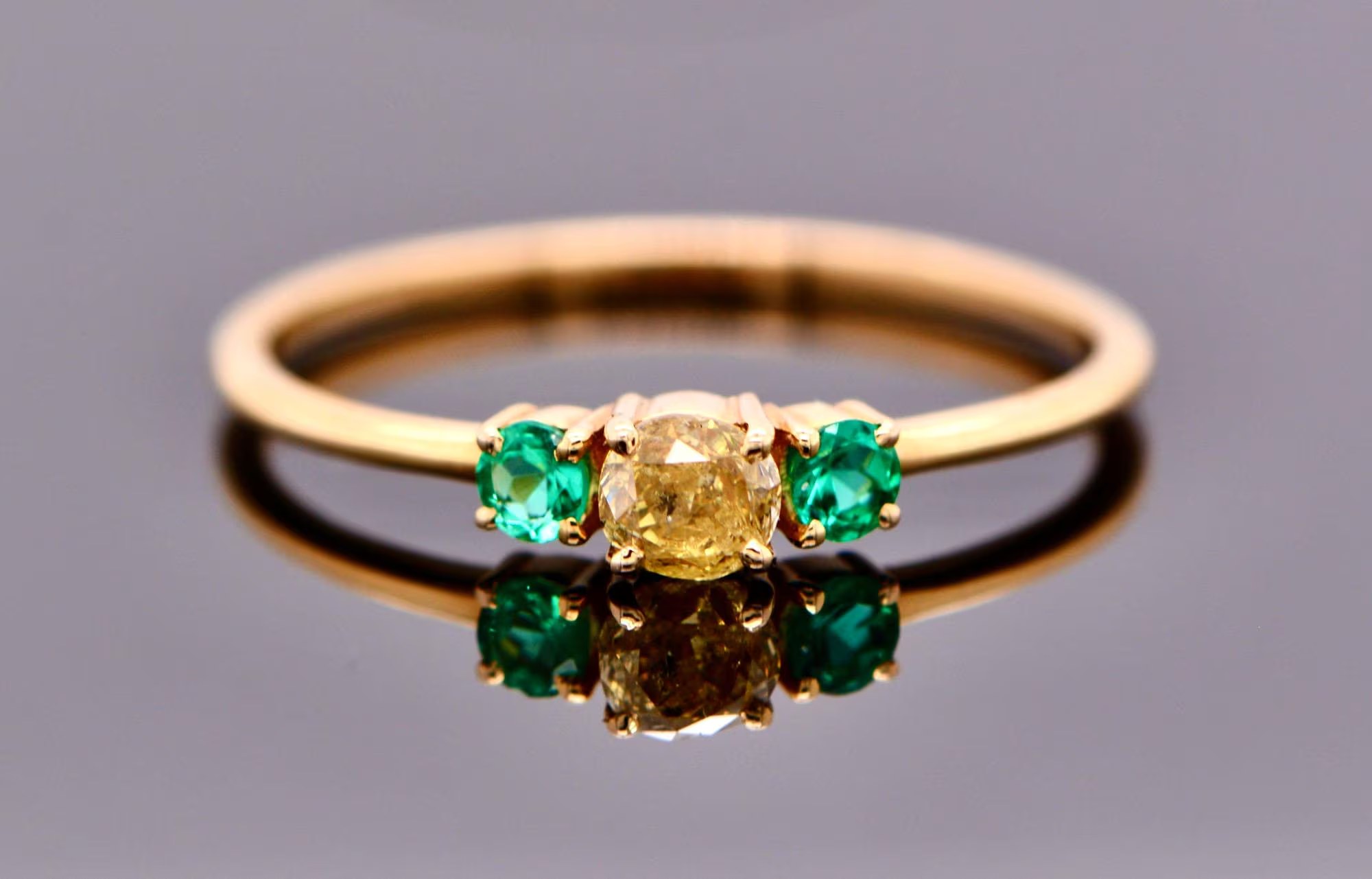 Canary Diamond & Emerald Stackable Minimalist Ring 14k Gold : May April Birthstone Ring Size 6.5