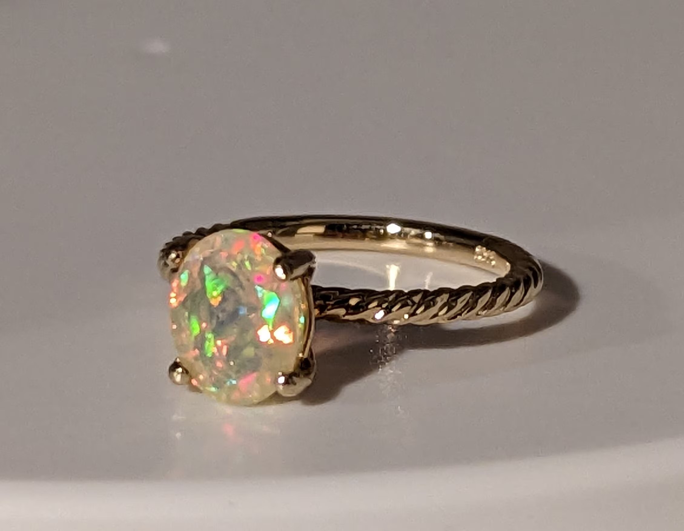 Opal Ethiopian Oval Solid 14k Gold Rope Ring : October Birthstone