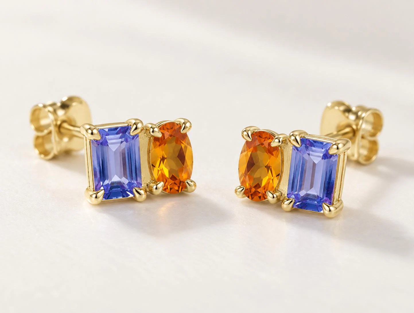 Tanzanite & Citrine Two Stone Stud Earrings 14k Gold, November December Birthstone