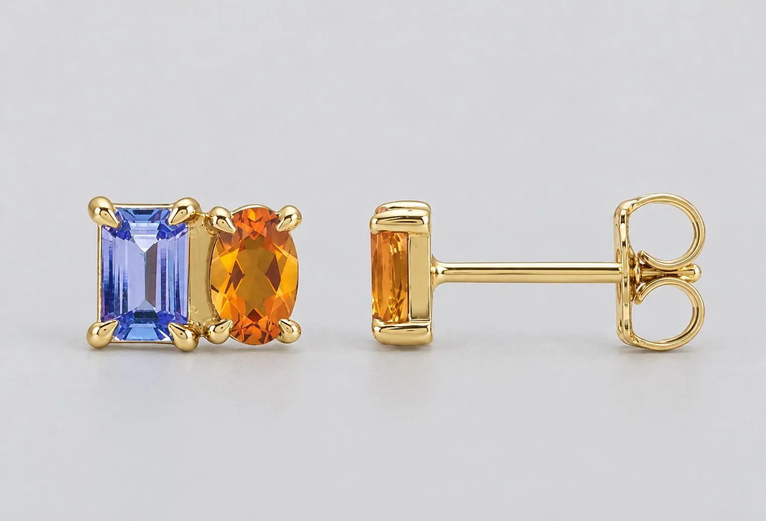 Tanzanite & Citrine Two Stone Stud Earrings 14k Gold, November December Birthstone, detail view