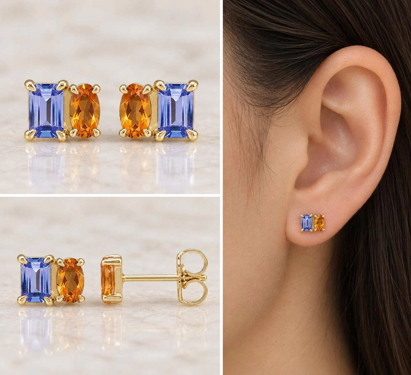 Tanzanite & Citrine Two Stone Stud Earrings 14k Gold, November December Birthstone, worn view