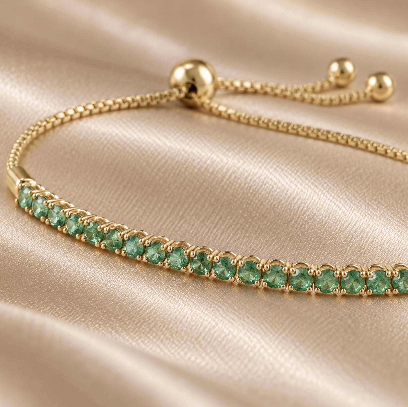 Natural Emerald Adjustable Bolo Bracelet Solid 14k Gold : 20th and 35th Anniversary Gift for Wife
