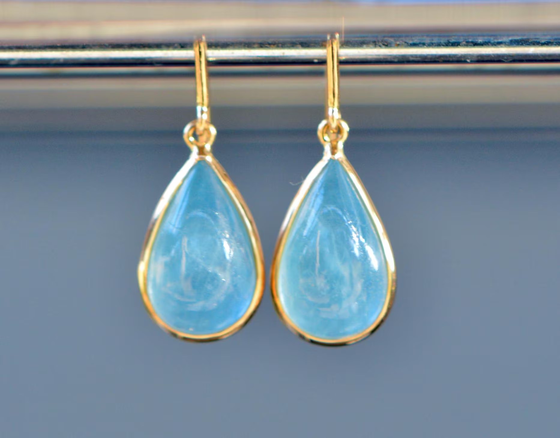 Aquamarine 18kt Gold Teardrop Statement Earrings, March Birthstone Jewelry, Gift for Wife, Earrings for Women, Somethign Blue Gemstone Drops