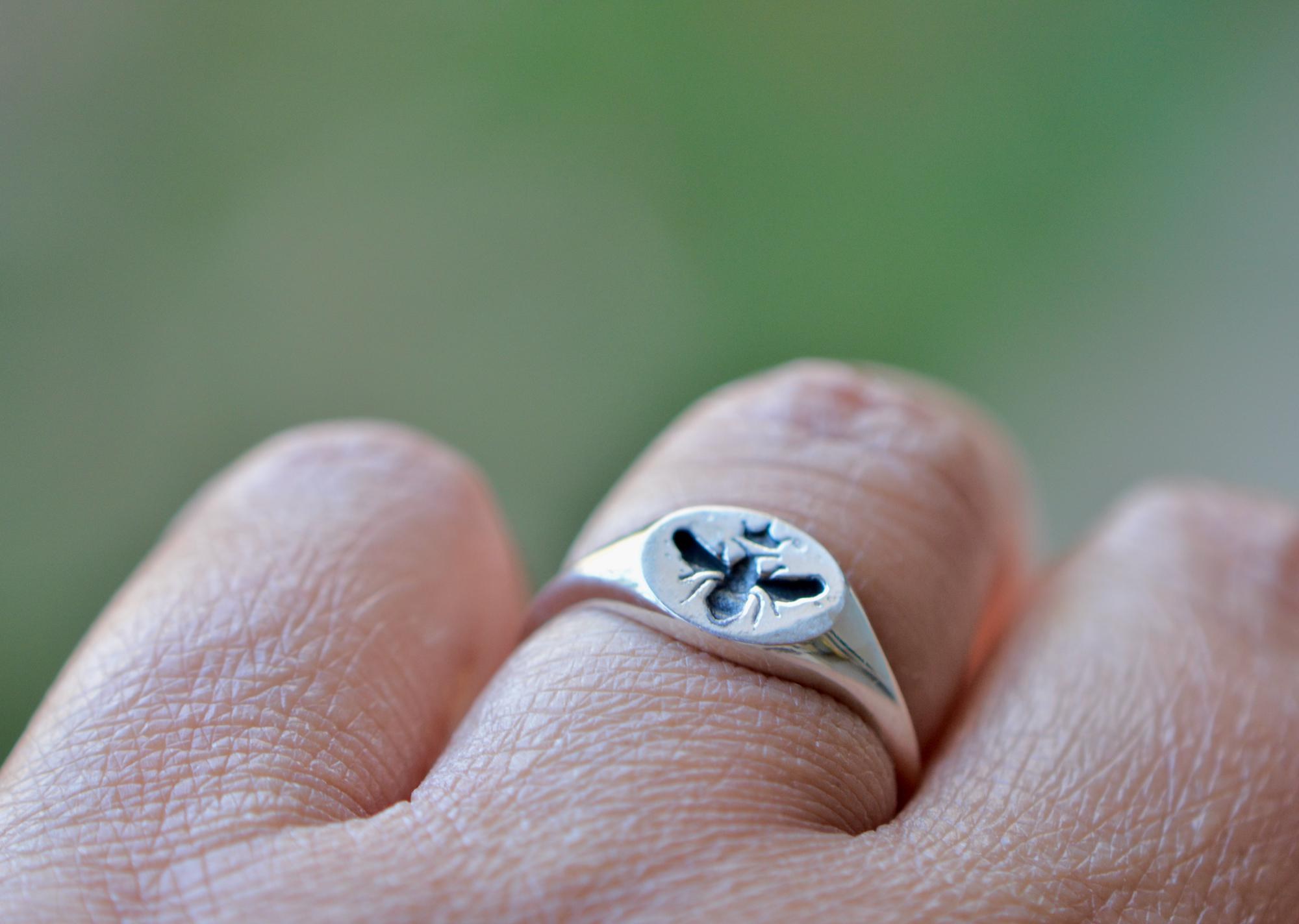 Honey Bee Intaglio Signet Ring for Her in Sterling Silver : Beekeeper Gift, worn view
