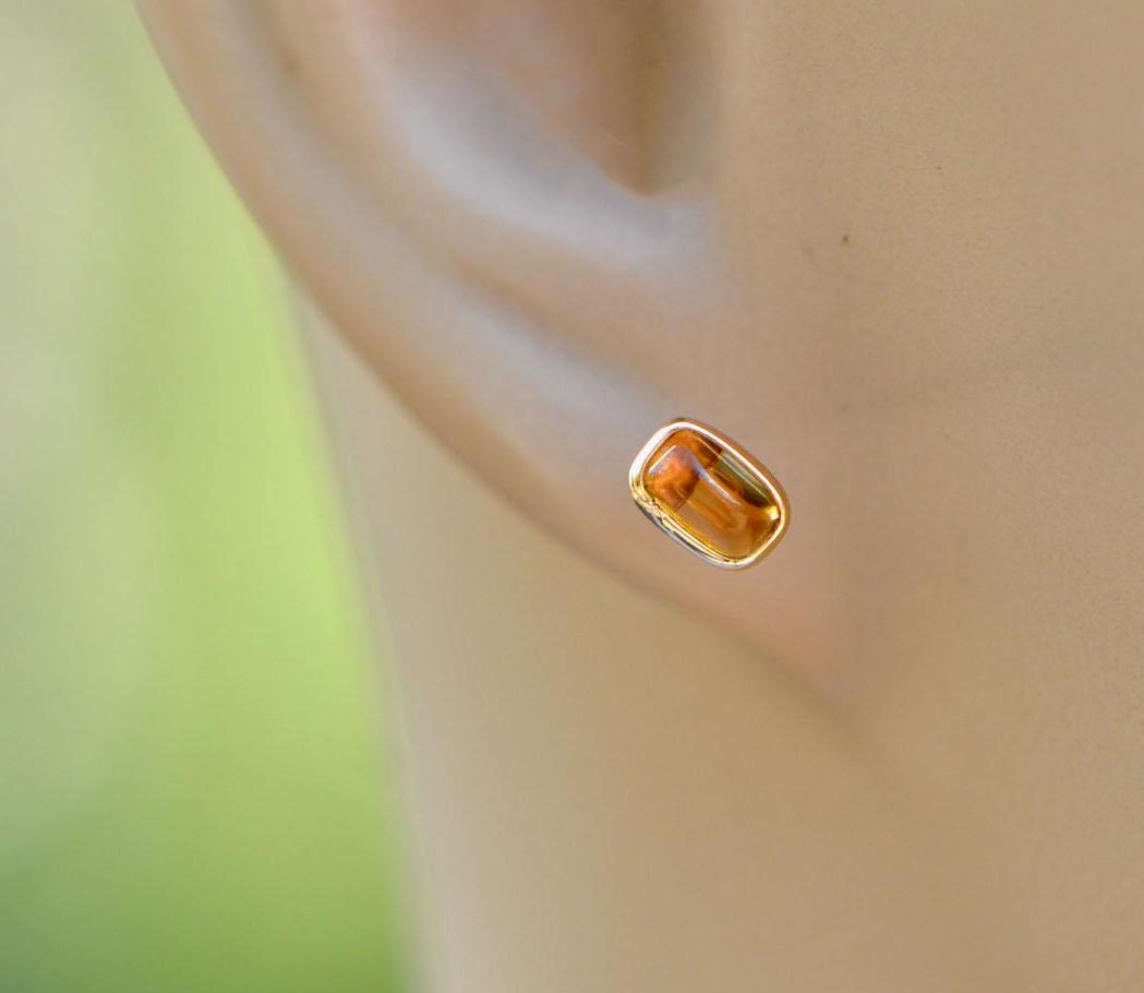 Citrine Rectangular Cabochon Stud Earring 18kt Gold : November Birthstone Minimalist Jewelry