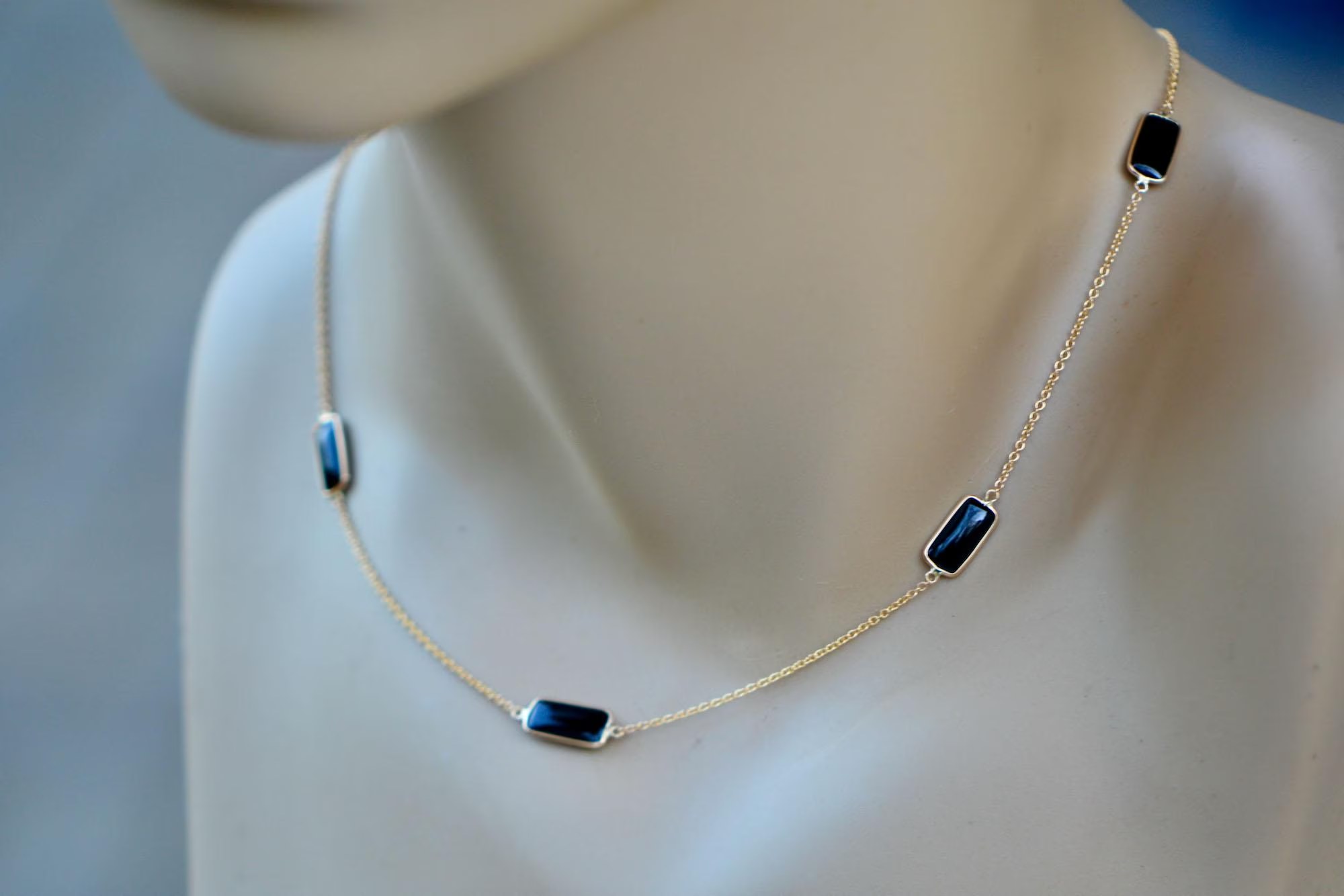 Black Onyx Bar Station Necklace 18k Gold : 7th Anniversary Gift for Wife