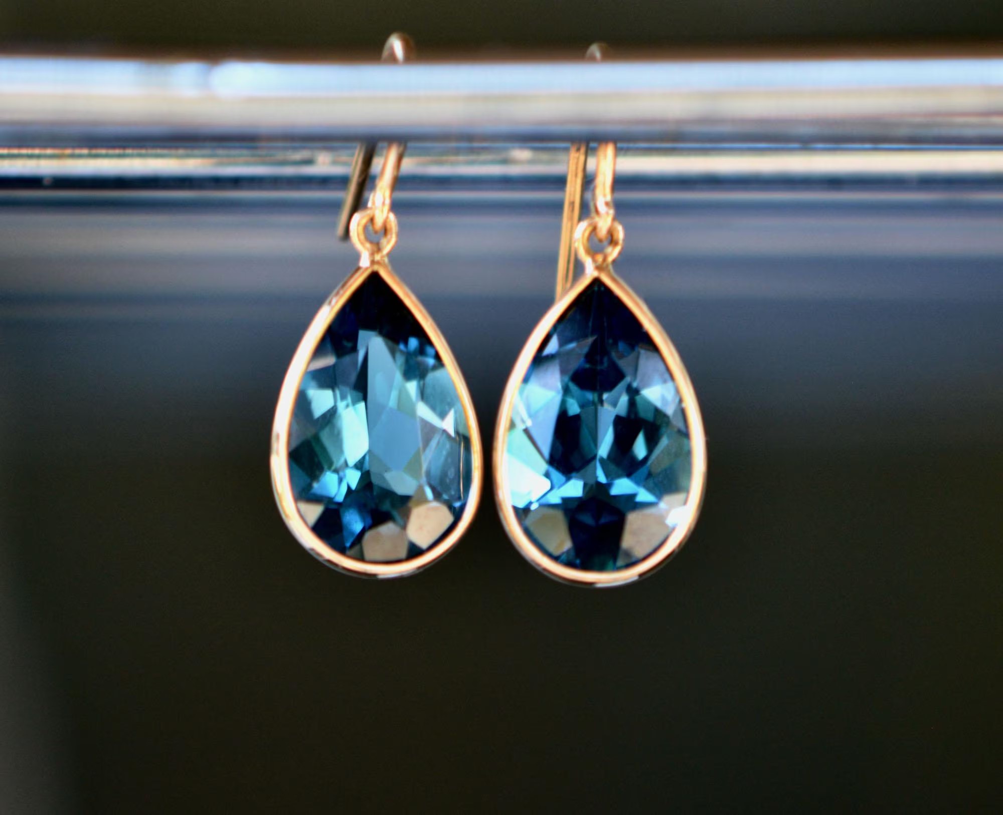 London Blue Topaz Dangly Teardrop Earrings Solid 18kt Gold : December Birthstone Jewelry