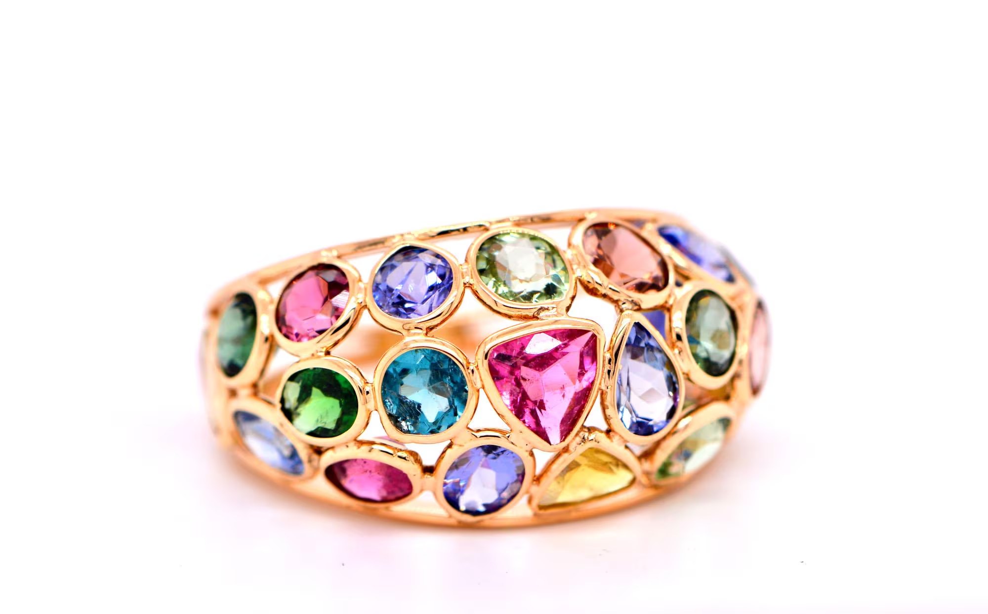 Multigemstone Statement Dome Ring 18k Gold with Pink Tourmaline Indocolite Tourmaline Citrine Green Tourmaline Tanzanite & Green Tourmaline