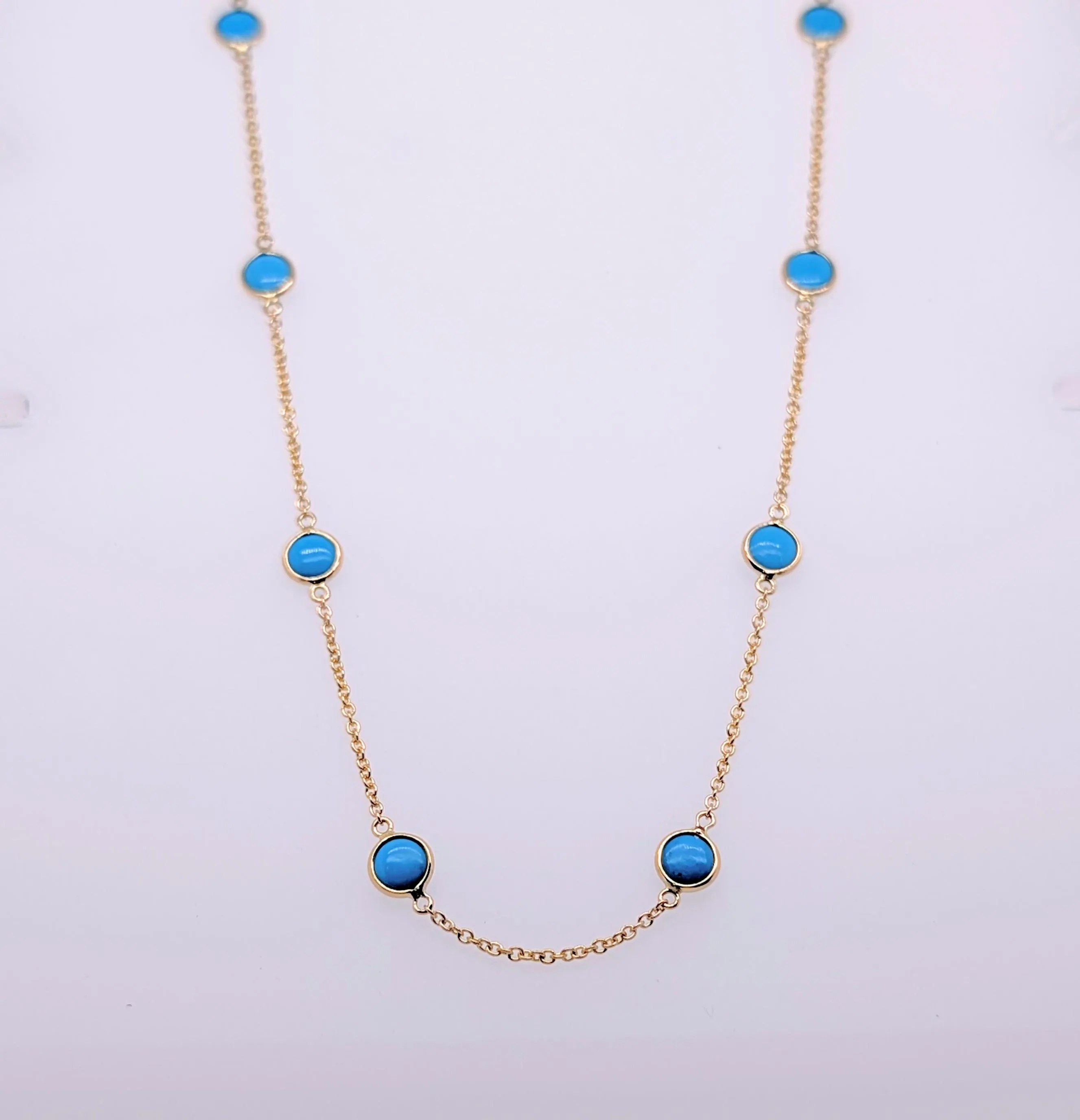 Turquoise Station Necklace Solid 18k Gold Sleeping Beauty, December Birthstone Chain, detail view