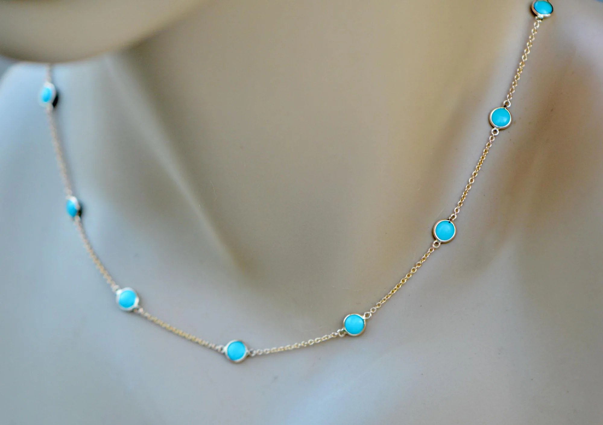 Turquoise Station Necklace Solid 18k Gold Sleeping Beauty, December Birthstone Chain, detail view