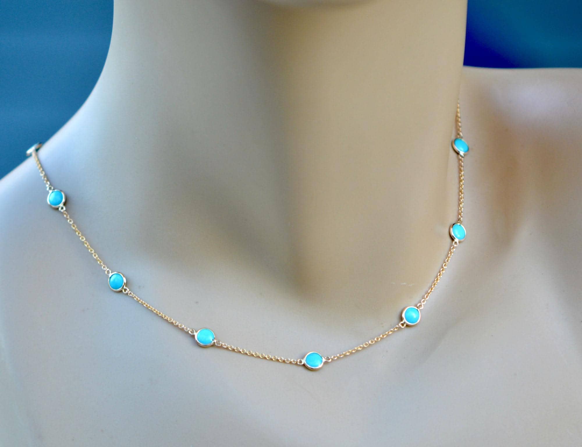 Turquoise Station Necklace Solid 18k Gold Sleeping Beauty, December Birthstone Chain