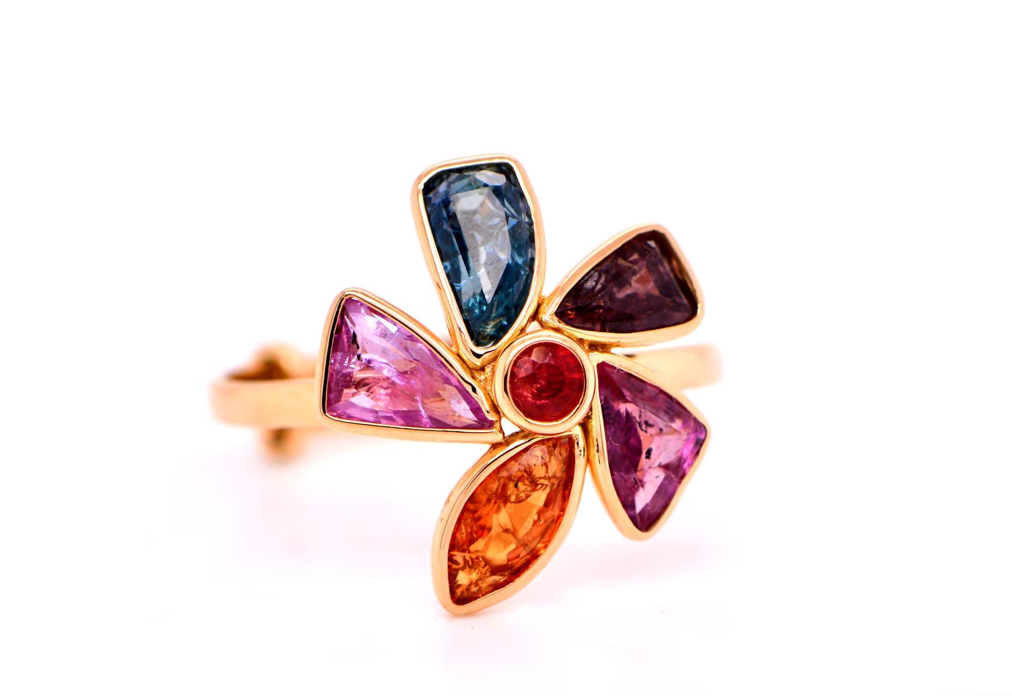Pink and Indocolite Tourmaline, Orange Sapphire & Red Spinel Ring 18k Gold : Multigemstone Birthstone Statement Ring for Women