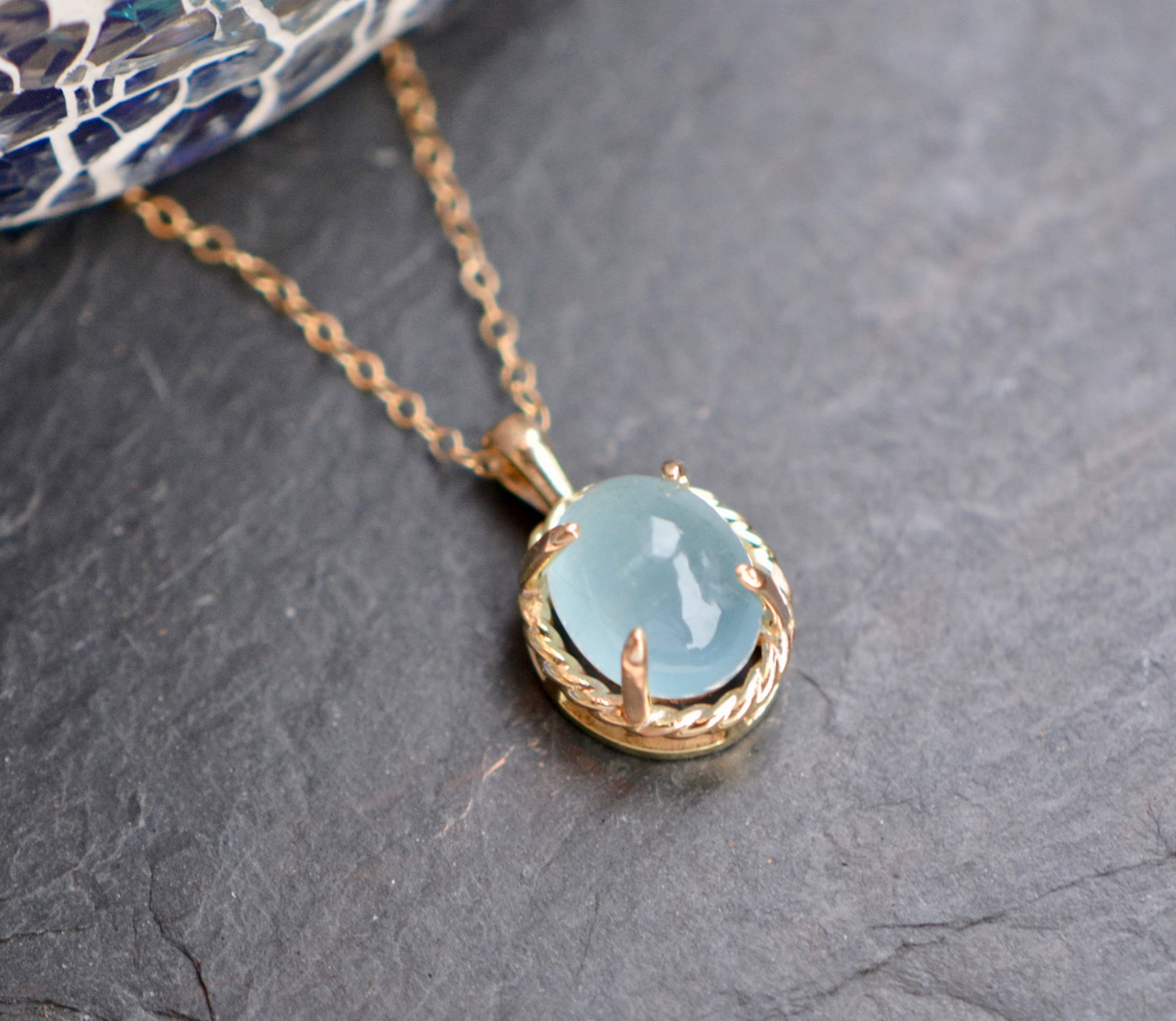 Natural Aquamarine Oval Statement Pendant Necklace Solid 14k Gold : March Birthstone Jewelry