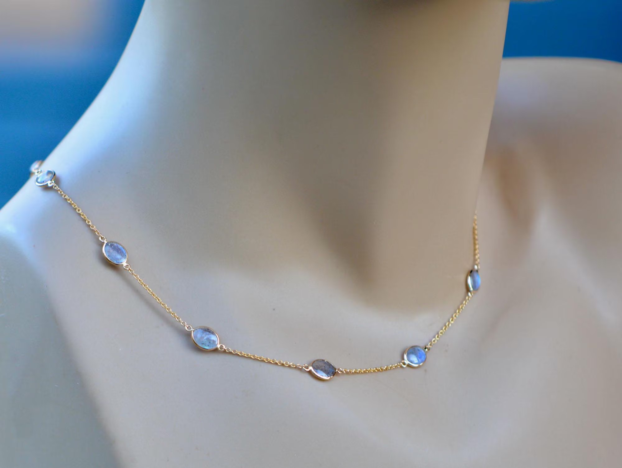 Labradorite Station Necklace Solid 18kt Gold : Minimalist Layering Chain
