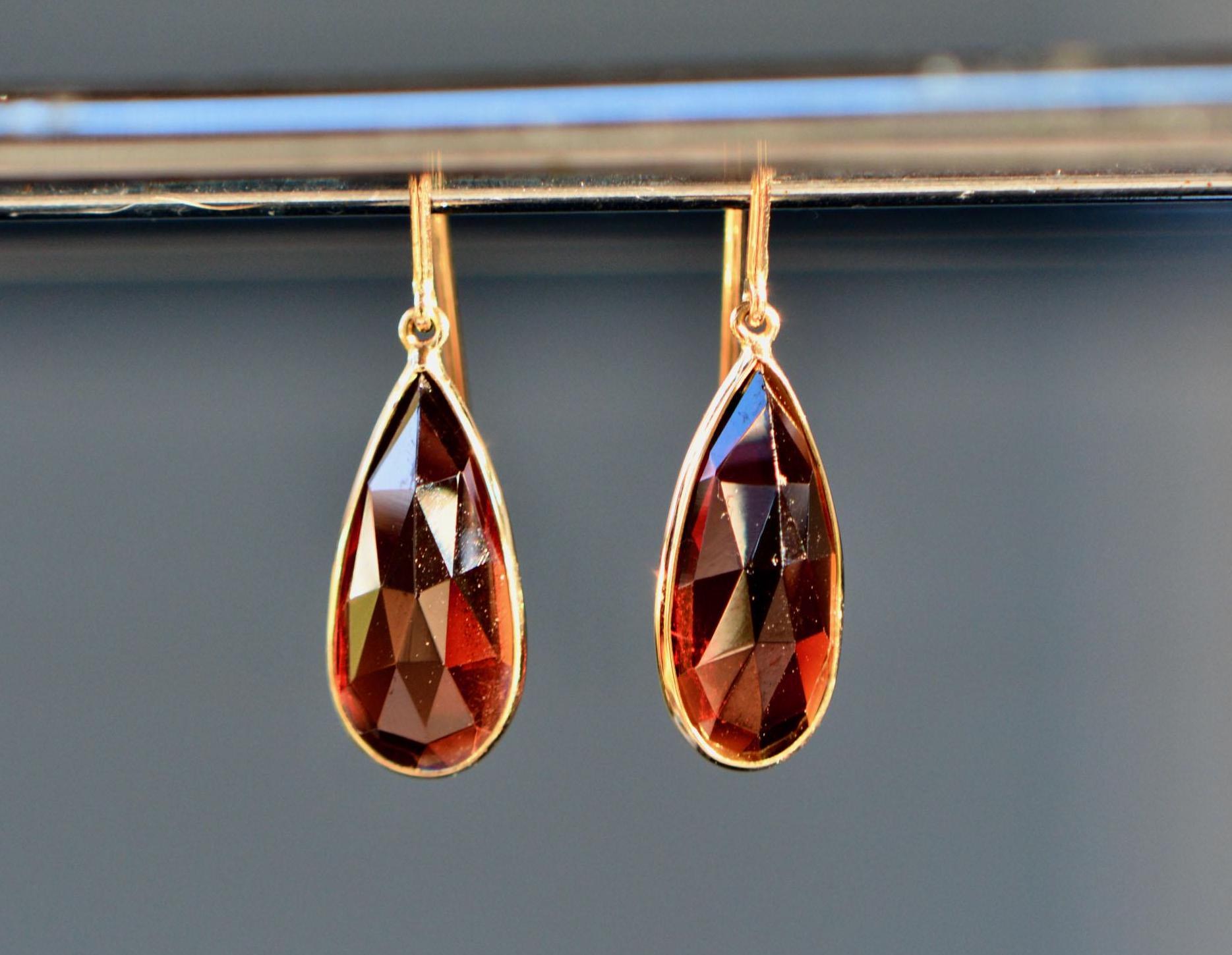 Garnet Red Rosecut Teardrop Dangly Earrings Solid 18k Gold : 2nd Anniversary Gift for Women