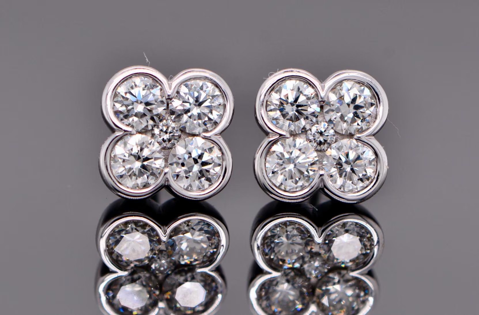 Natural Diamond Four Leaf Clover 1 ct Stud Earrings 14kt White Gold : 60th or 75th Anniversary Gift for Wife